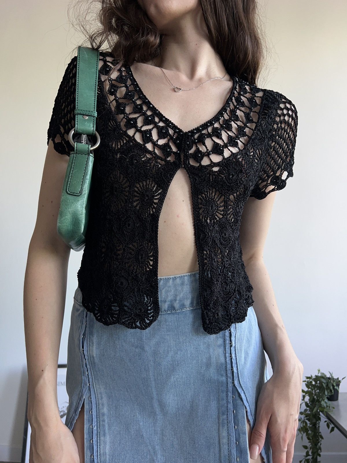 Vintage Vintage Knit sexy Y2K black beads top embroidered Size S / US 4 / IT 40 - 1 Thumbnail