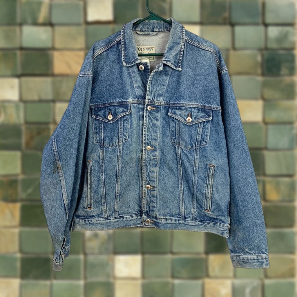 Old Navy VINTAGE Old Navy Denim Jacket Mens Large Button Grunge Trucker Jean Casual Size US 33 - 1 Thumbnail