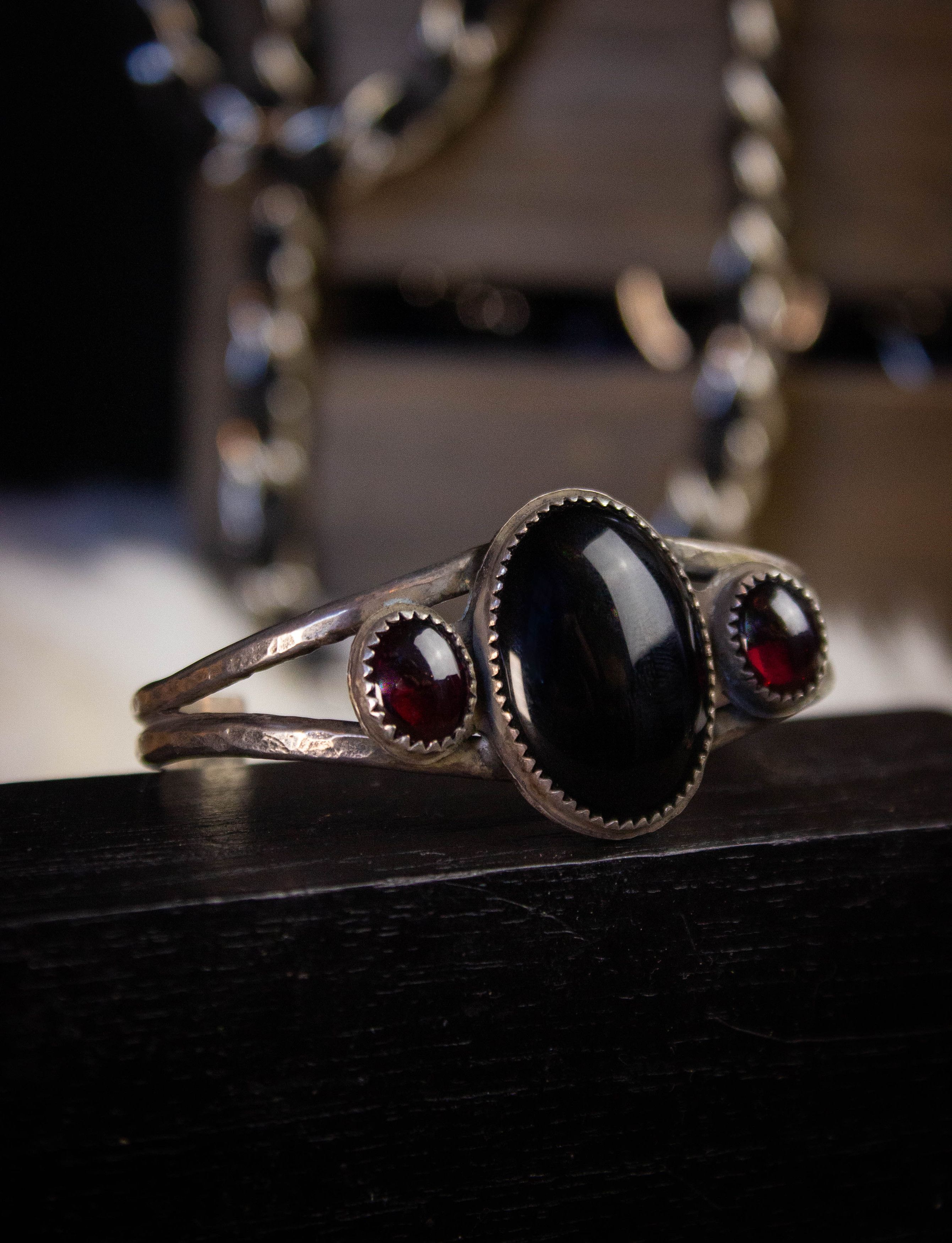 image of Vintage Onyx And Garnet Sterling Silver Cuff in Silver/Black/Red, Men's