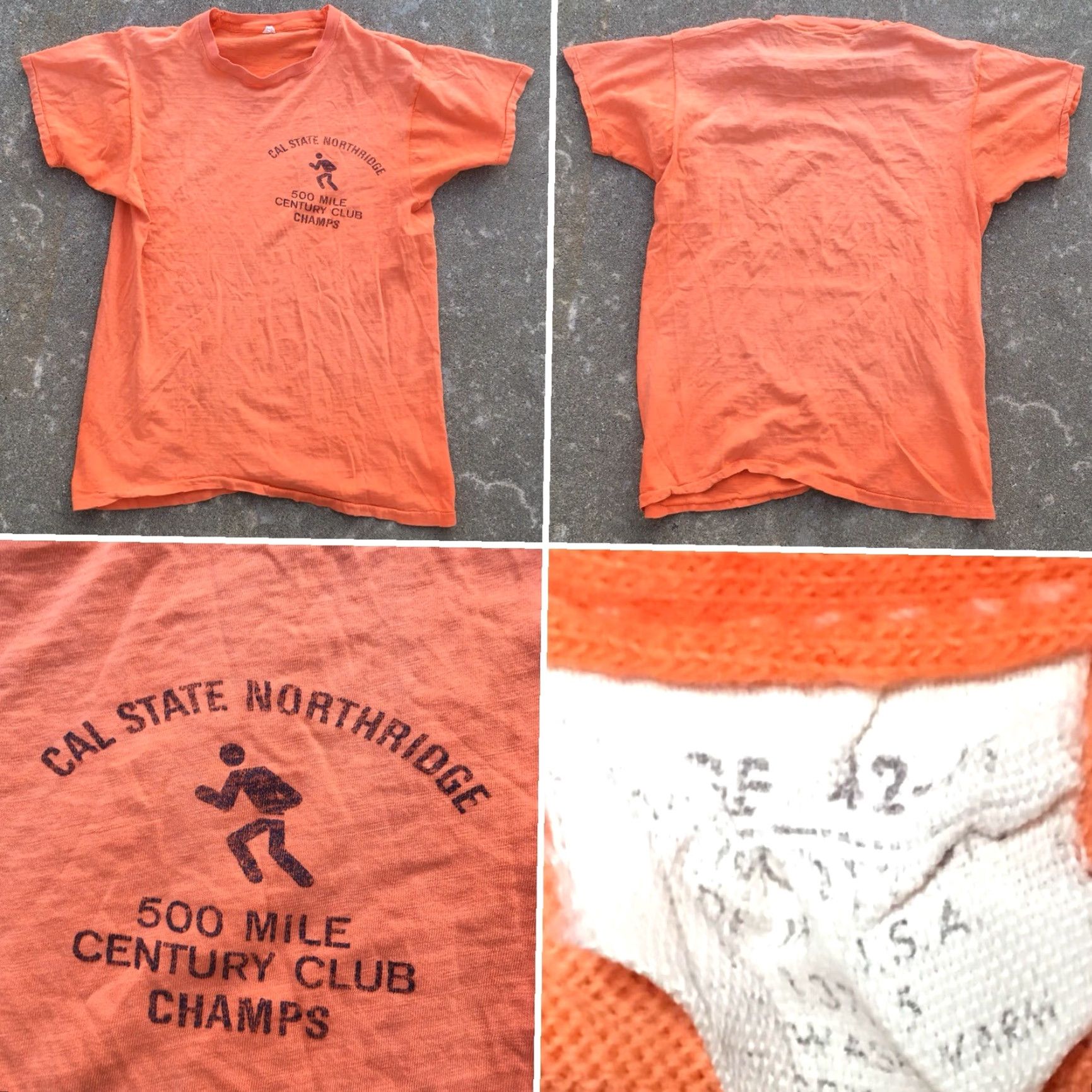 Vintage VINTAGE Cal State Northridge 500 Mile Century Club Champs T-Shirt L 70s 80s Mens Orange 100% Cotton Graphic Tee US Made Size US L / EU 52-54 / 3 - 5 Thumbnail