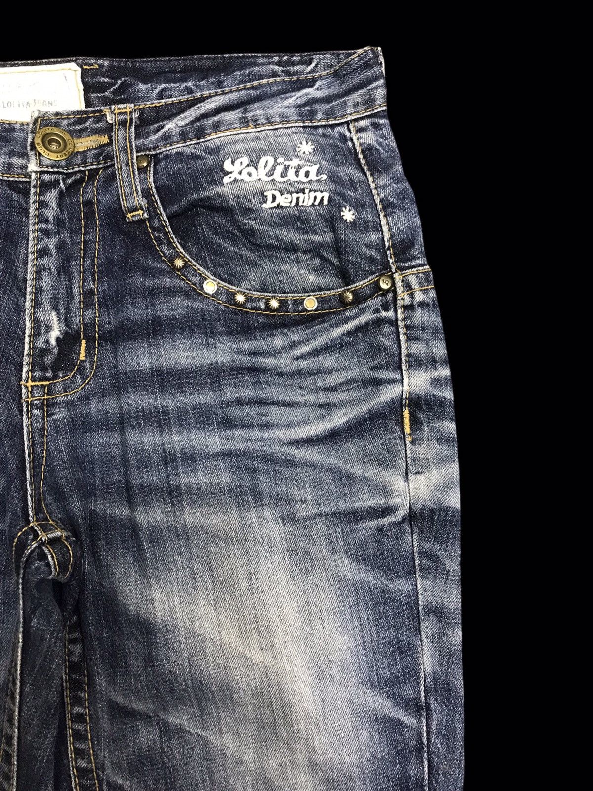 Seditionaries 💥VERY RARE💥LOLITA FLYING SKULL EMBROIDERY DENIM F384 Size US 31 - 3 Thumbnail