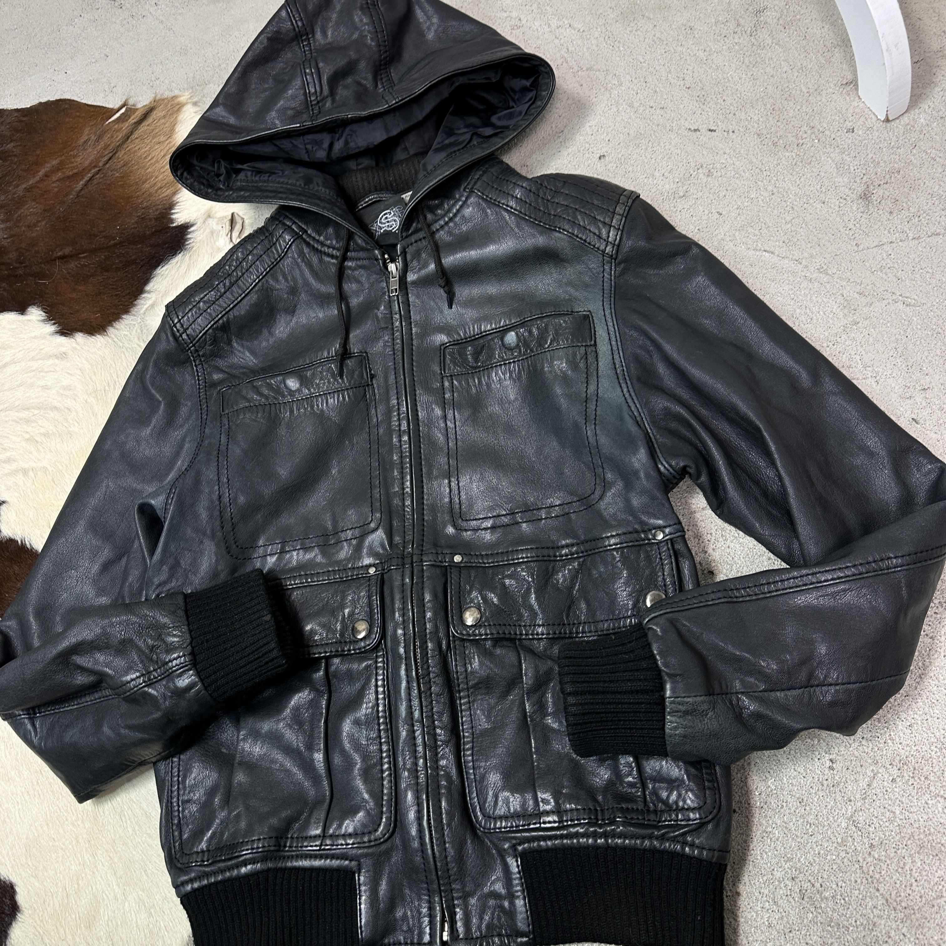 Vintage Vintage Leather Grunge Biker Moto Hooded Jacket 00s Size S / US 4 / IT 40 - 3 Thumbnail