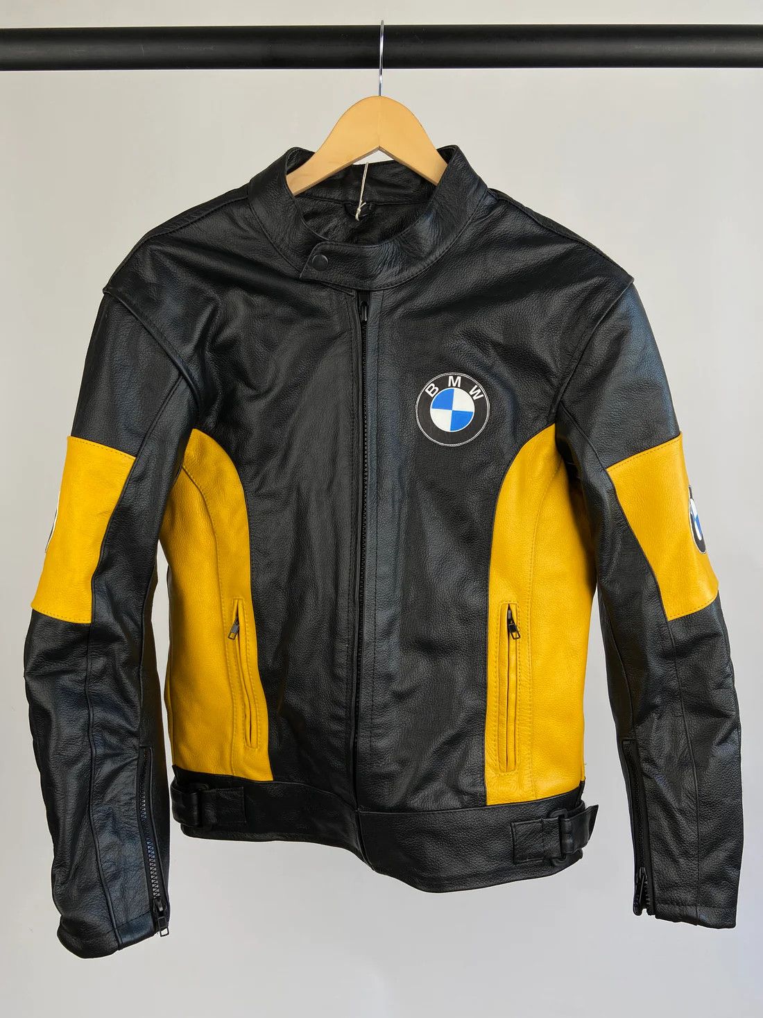 image of Genuine Leather Bmw Motorbike Jacket In A Black & Yellow Colour Block Design, Men's (Size Medium)