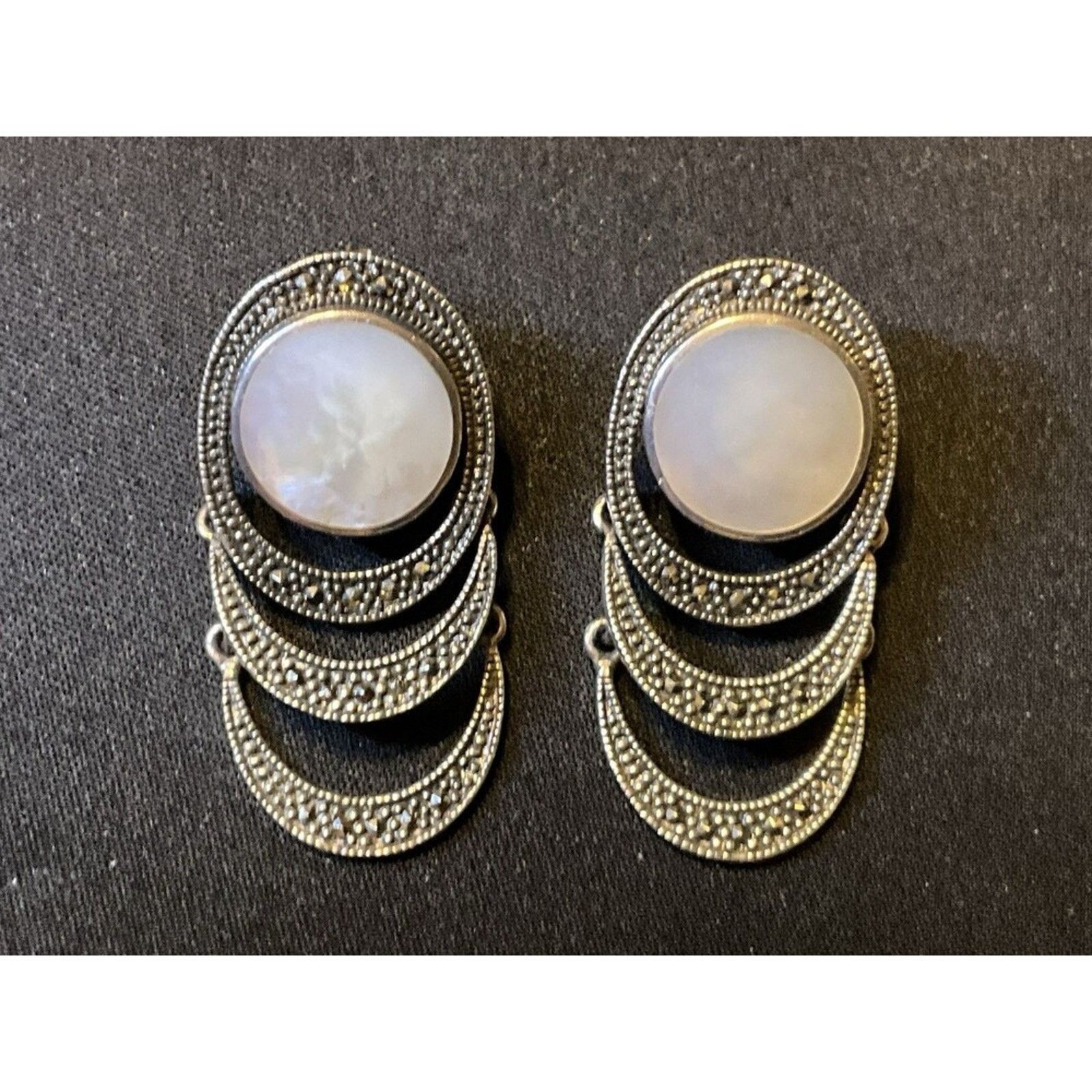 Other 925 Sterling MOP Marcasite Post Earrings Articulating Dangel Size ONE SIZE - 2 Thumbnail