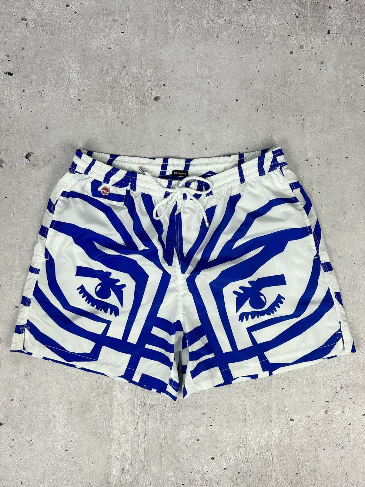 image of Italian Designers x Kiton Napoli Made In Italy Eyes Print Men’S Beach Shorts in Blue White (Size 36