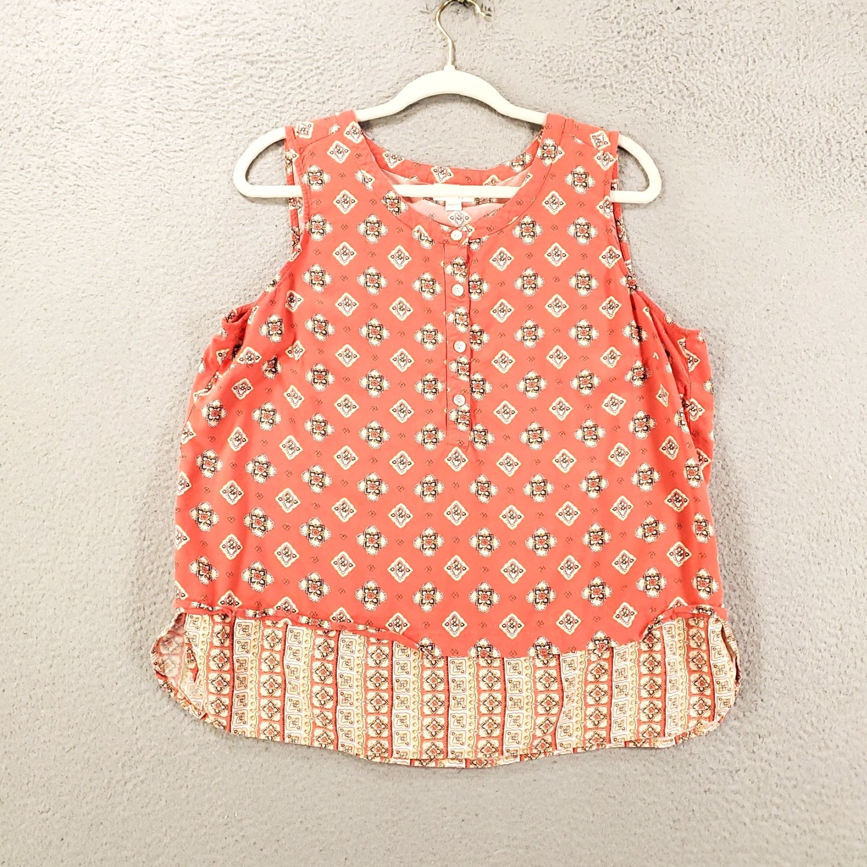J. Jill J Jill Tank Top Womens Large Pink Orange Geometric 1/4 Button Sleeveless Popover Size L / US 10 / IT 46 - 2 Thumbnail