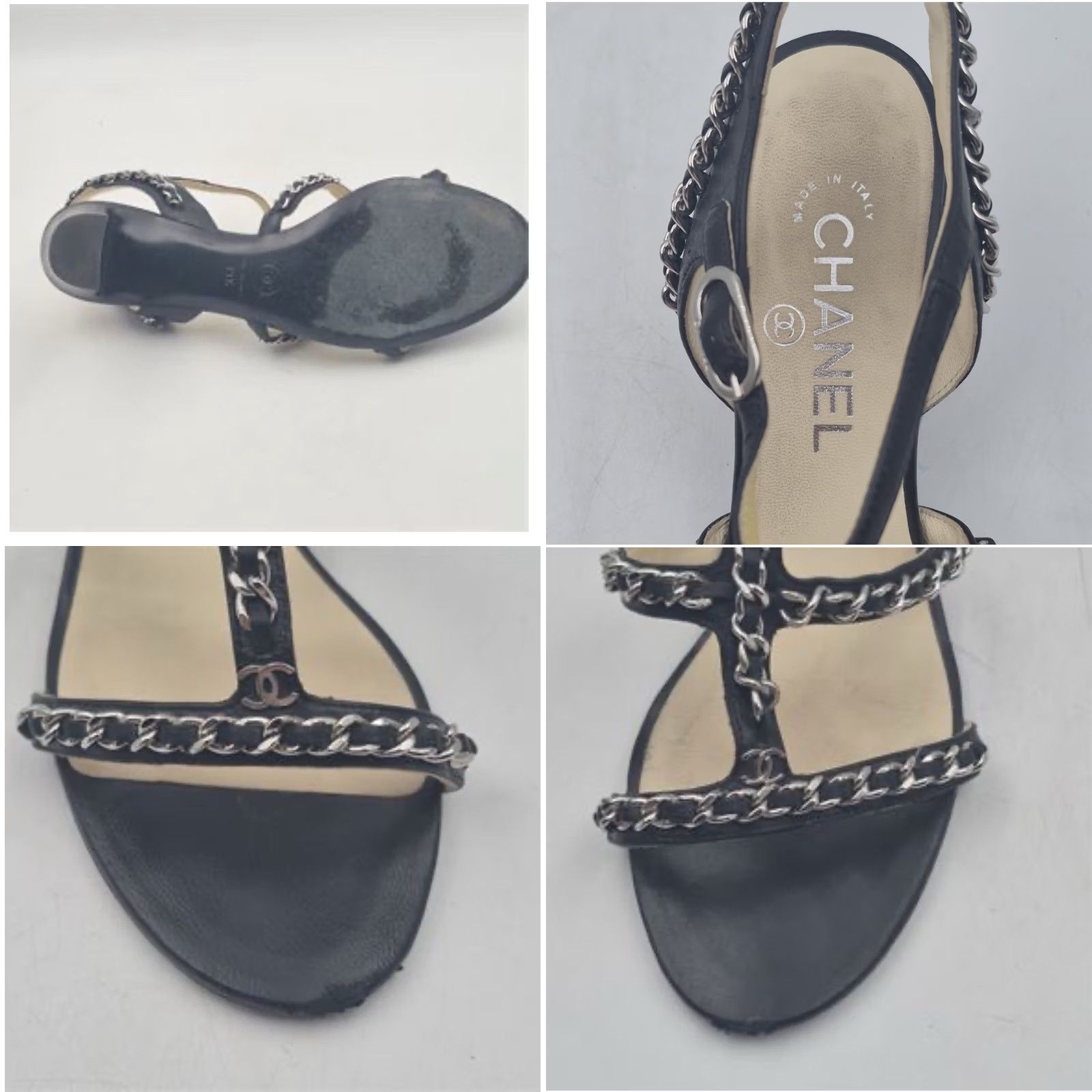 Chanel CHANEL Black Chain T-Strap Sandal Heels 39.5 US 8.5 Silver CC Block Heel Strappy Leather Women Mens Girls Size US 9 / IT 39 - 8 Thumbnail