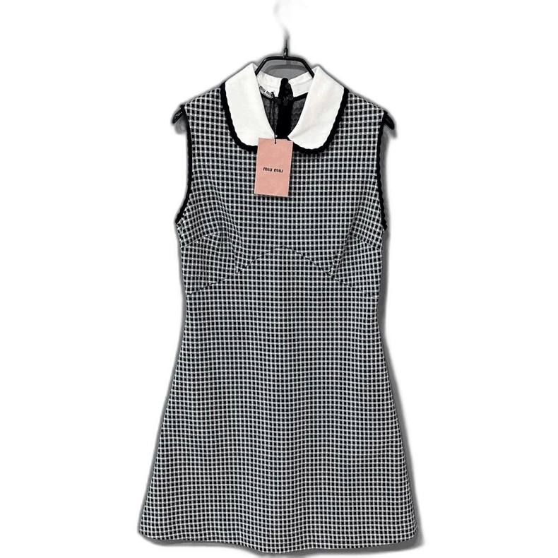 Miu Miu Black and White Checkered Dress with Peter Pan Collar Size L / US 10 / IT 46 - 1 Thumbnail