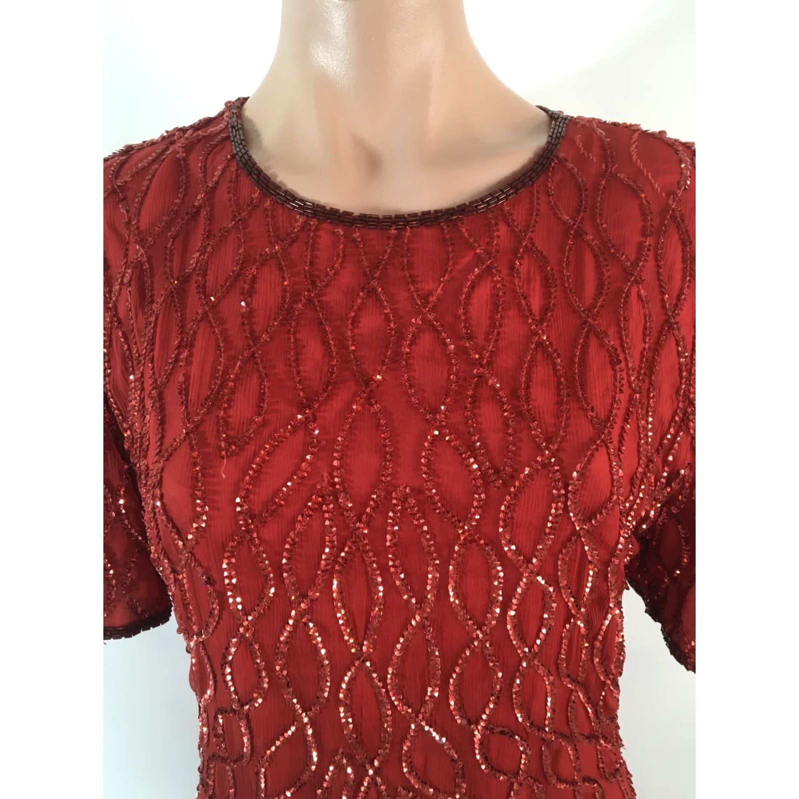 Vintage Laurence Kazar Red Sequined Silk Mini Petite Dress Beaded Trim Cocktail Party L Size L / US 10 / IT 46 - 5 Thumbnail