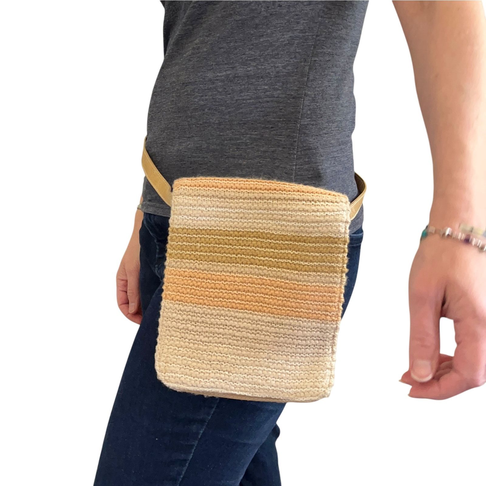 Missoni × Vintage Missoni Vintage Neutral Striped Knit Leather Flap Belt Bag Size ONE SIZE - 2 Thumbnail