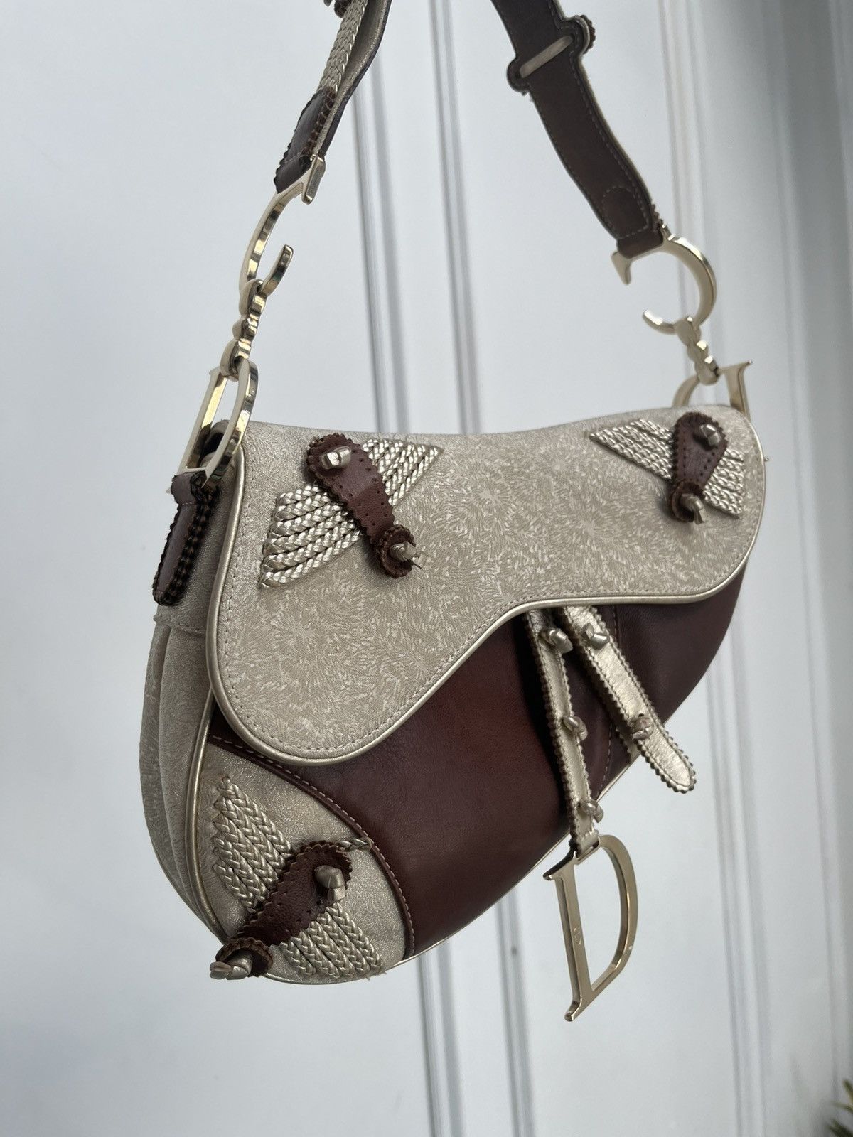 Dior Dior Brown Gold Leather & Fabric Saddle Bag Size ONE SIZE - 4 Thumbnail