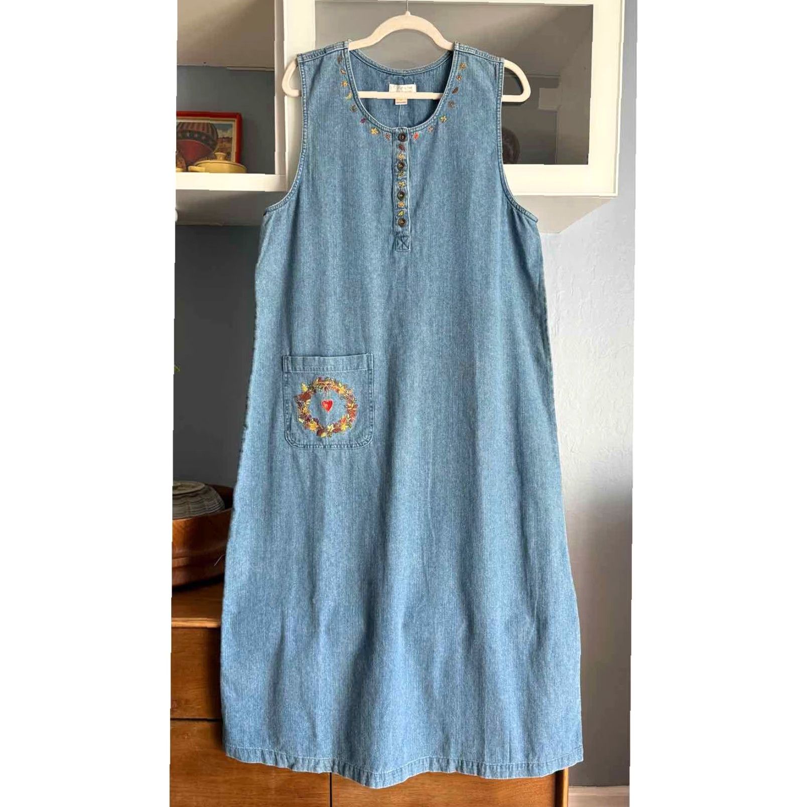 Vintage Vtg Christopher & Banks Embroidered Fall Leaves Denim Maxi Dress Autumn L Folk Size L / US 10 / IT 46 - 2 Thumbnail