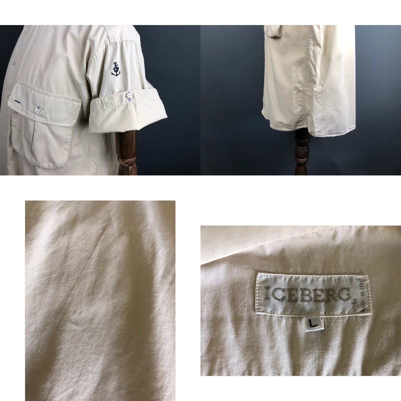 Vintage Iceberg Button-Down Shirt Men L Beige Cotton Short Sleeve Casual Classic Embroidered Left Chest Pocket Shirt (US Buyer Note) Size US L / EU 52-54 / 3 - 8 Thumbnail