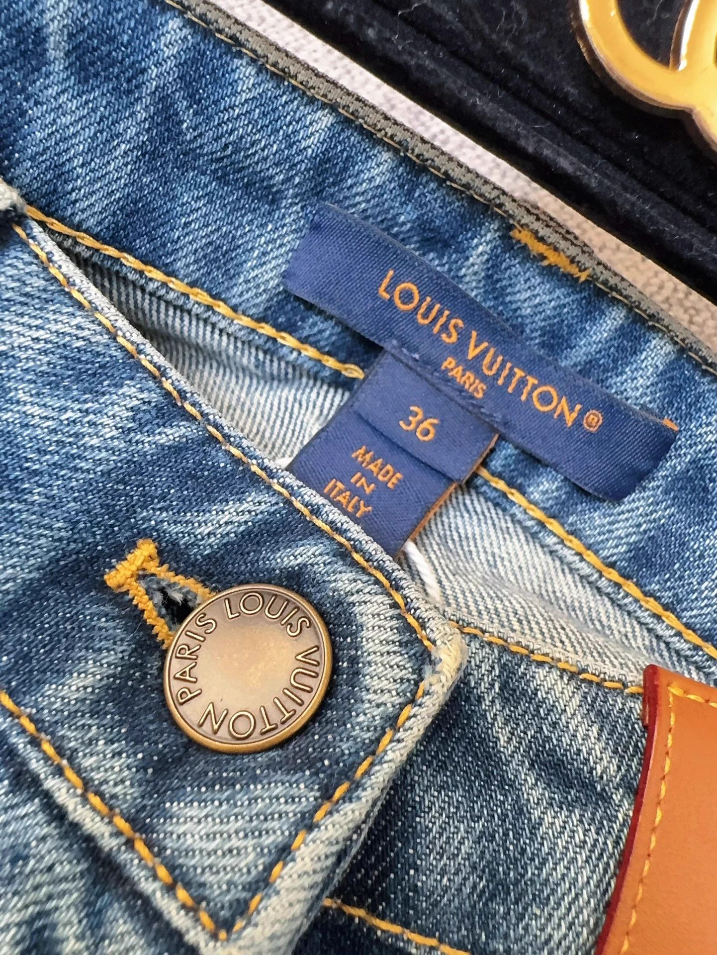 Louis Vuitton LV blue monogram leather tag wide leg jeans 36 Size 26" / US 2 / IT 38 - 6 Thumbnail
