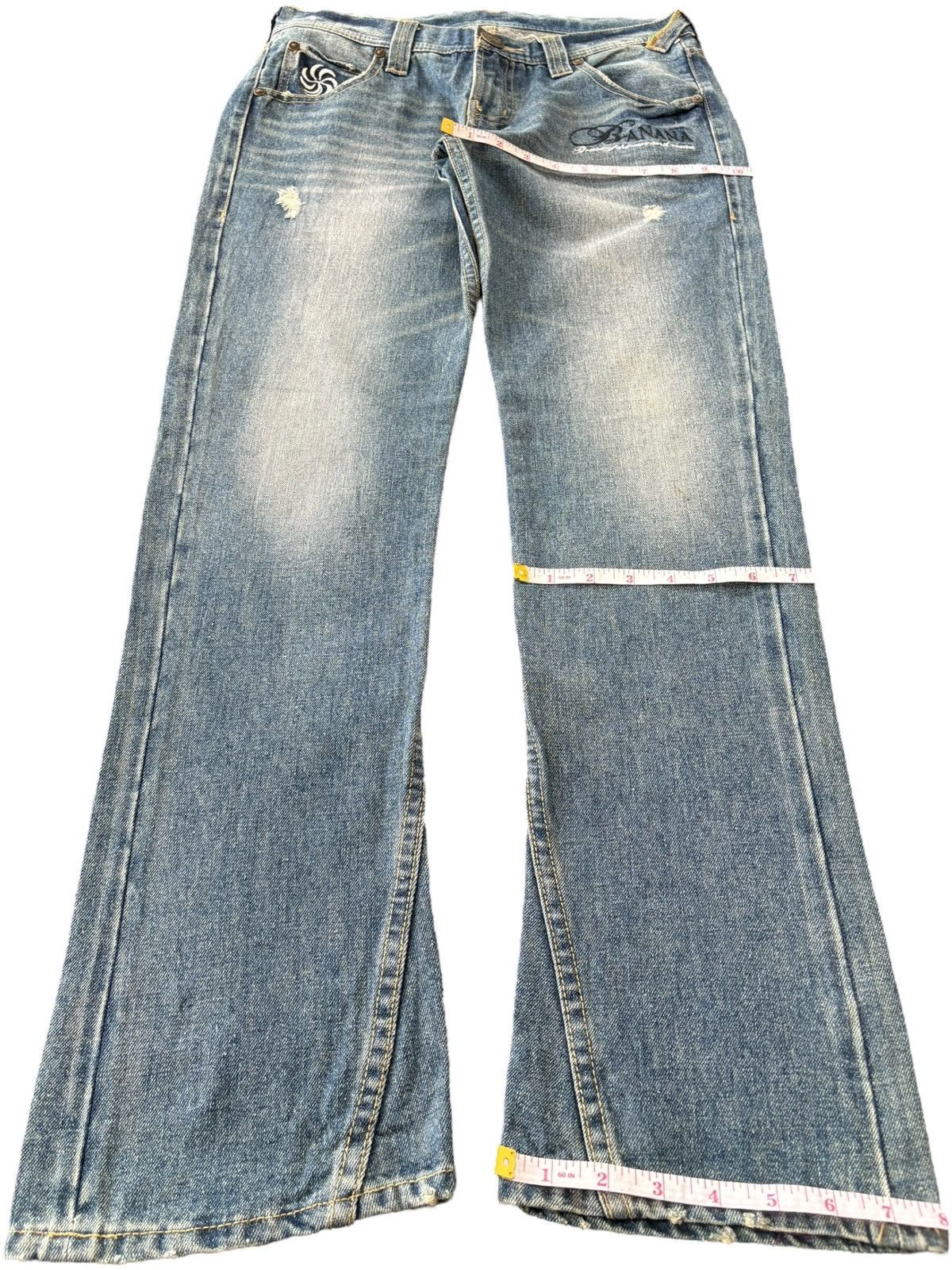 Japanese Brand Vintage Banana Seven Distressed Embroidery Bootcut Jeans Size 31" - 12 Thumbnail