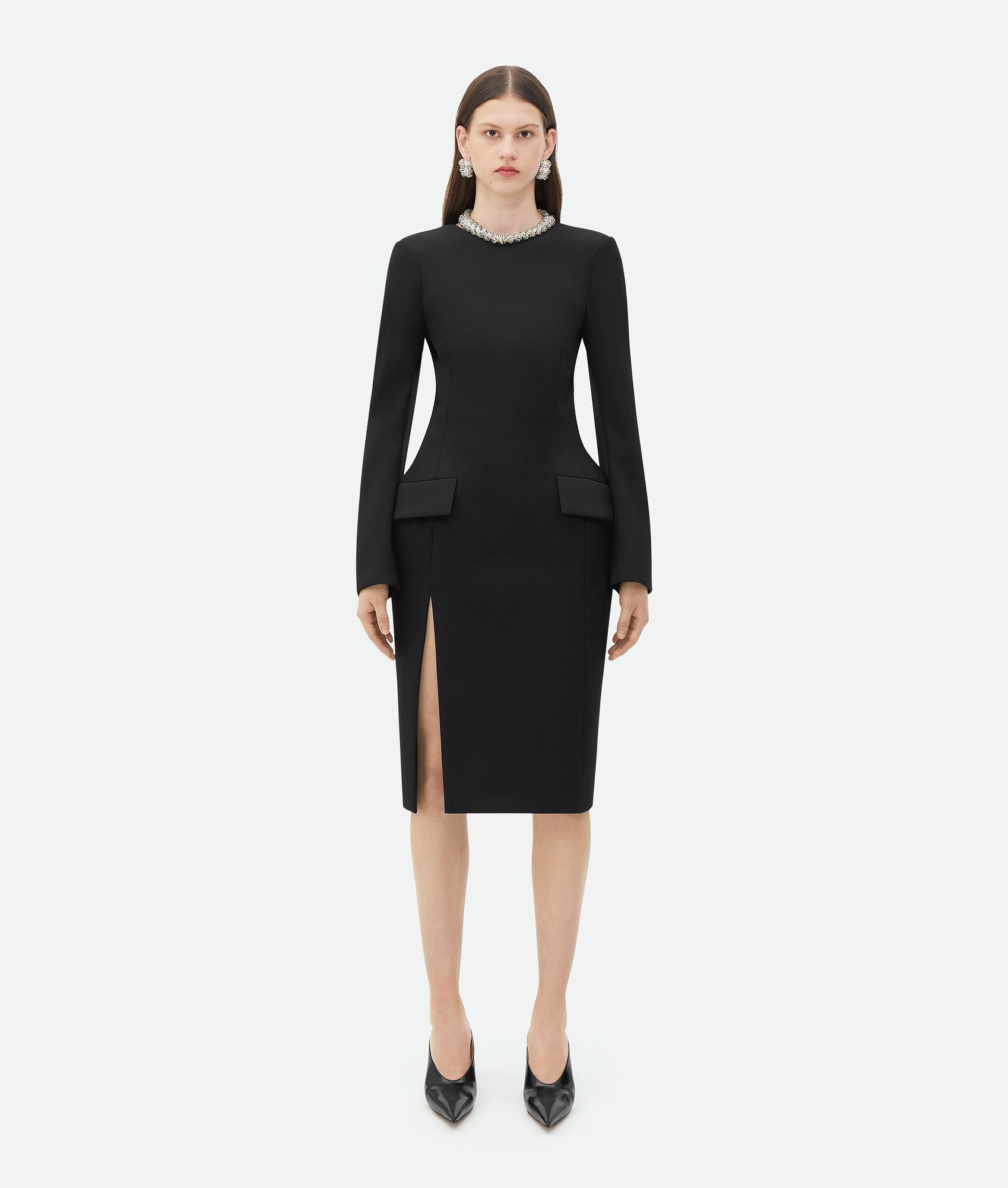 Bottega Veneta o1n1vont0625 Curved Sleeves Light Wool Midi Dress in Black Size XS / US 0-2 / IT 36-38 - 1 Thumbnail