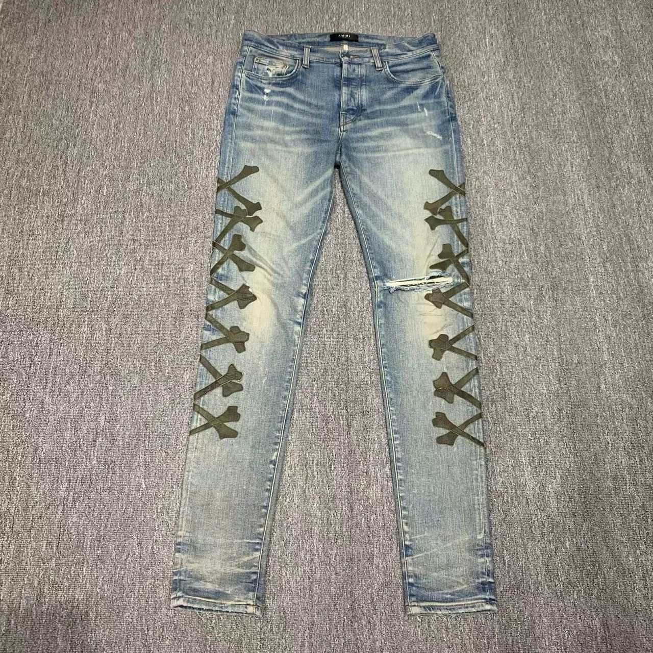 Amiri AMIRI Blue Bone and Leather Patchwork Jeans Size US 33 - 1 Thumbnail