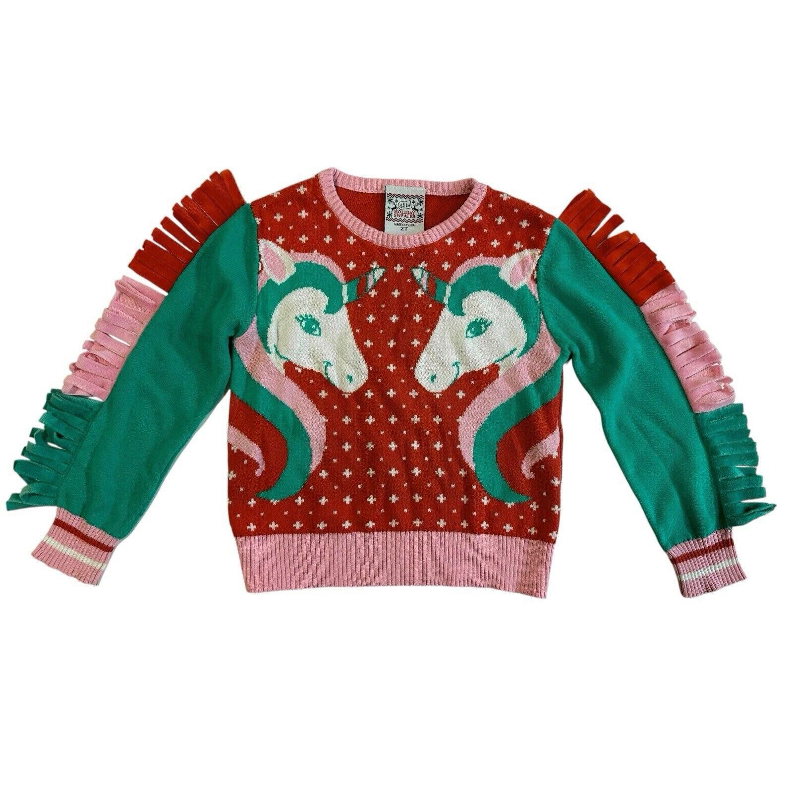 Designer Well Worn Unicorn Holiday Sweater 2T Red Green Pink Fringe Size US XXS / EU 40 - 1 Thumbnail
