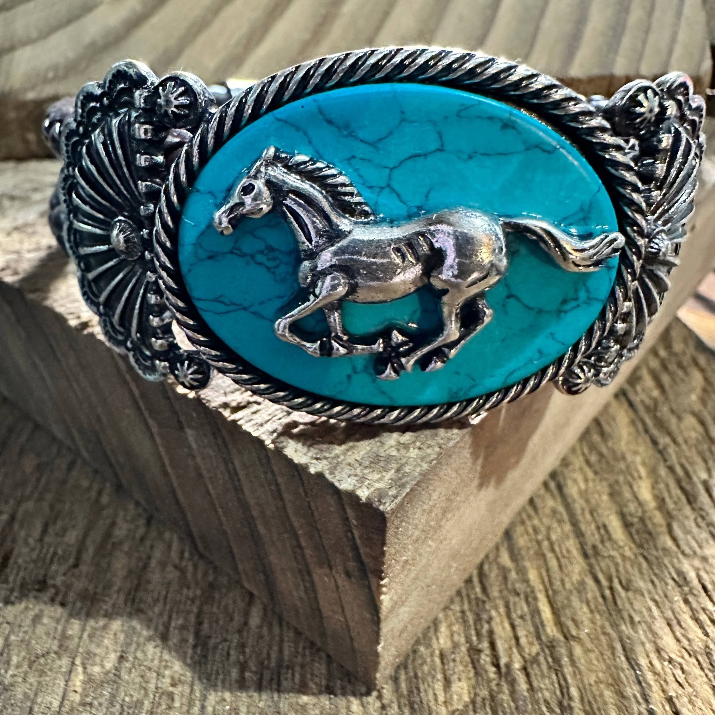 Other Horse Turquoise Stone Western Leather Open Bangle Bracelet Size ONE SIZE - 6 Thumbnail