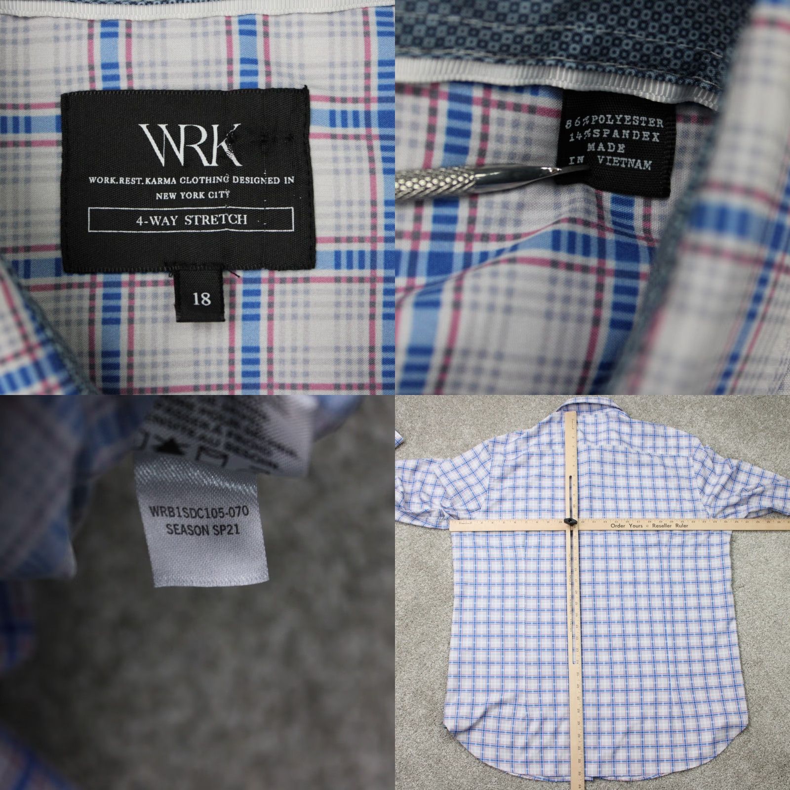 Vintage WRK Dress Shirt Men 18 Gray/Blue 4-Way Stretch L/S Button Collar/Spread Clean, Casual, Formal VintageNo (note: "Vintage" not applicable) Size 48R - 8 Thumbnail