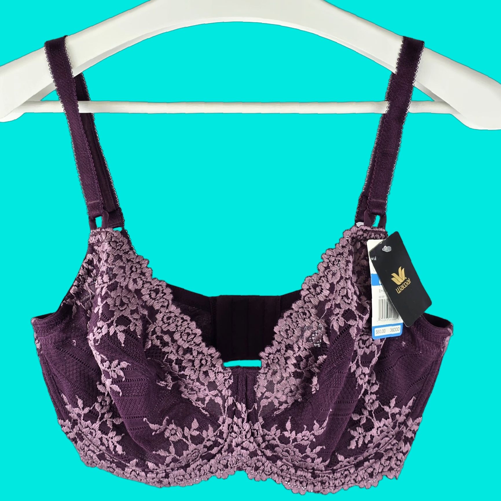 Vintage Wacoal Embrace Lace Plunge Bra 36Ddd Underwire Italian Plum Purple Semi-Sheer Floral Womens