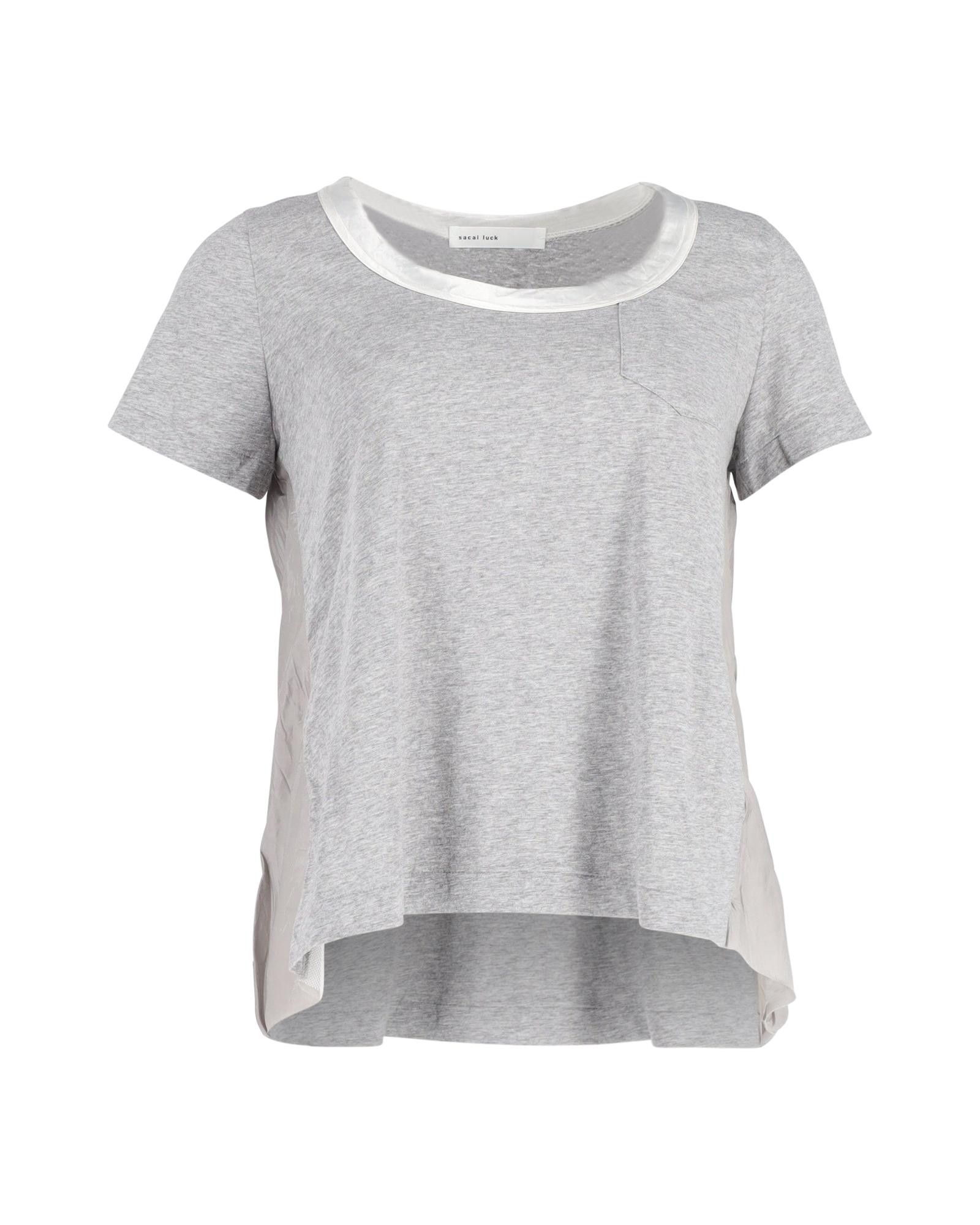 image of Sacai Grey Cotton Tulle-Lined And Satin-Paneled T-Shirt, Women's (Size XS)