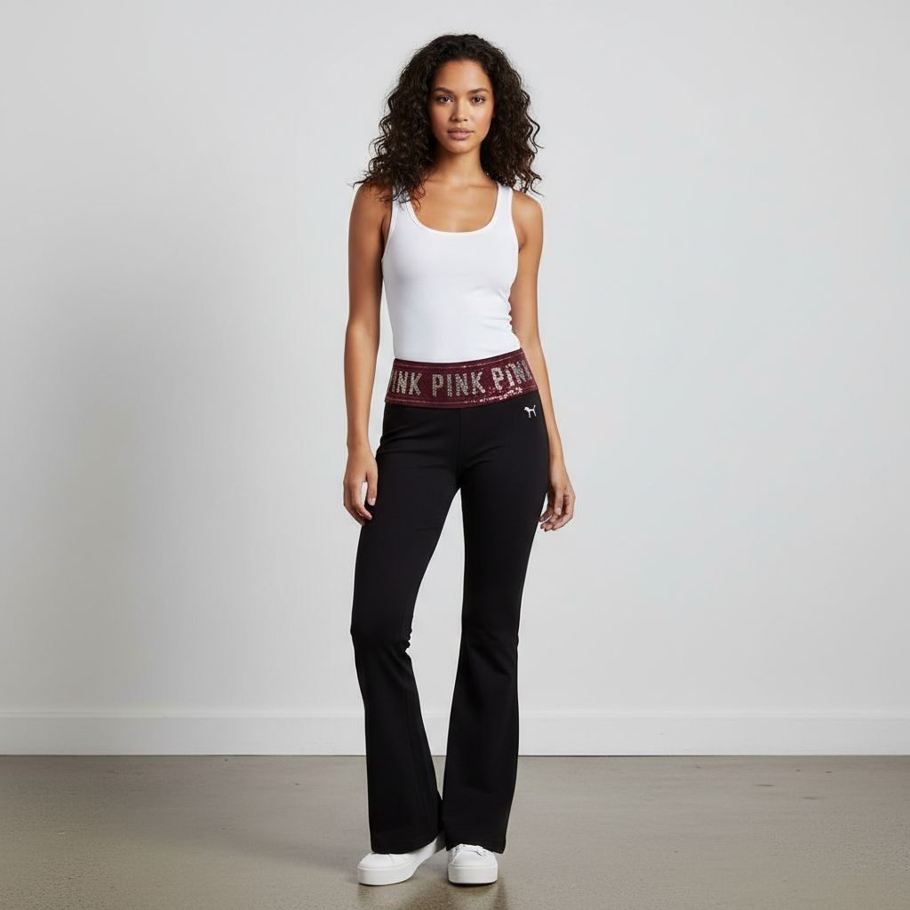 Pink Y2K PINK Victoria's Secret Black Sequin Flared Yoga Pants Size 27" / US 4 / IT 40 - 1 Thumbnail