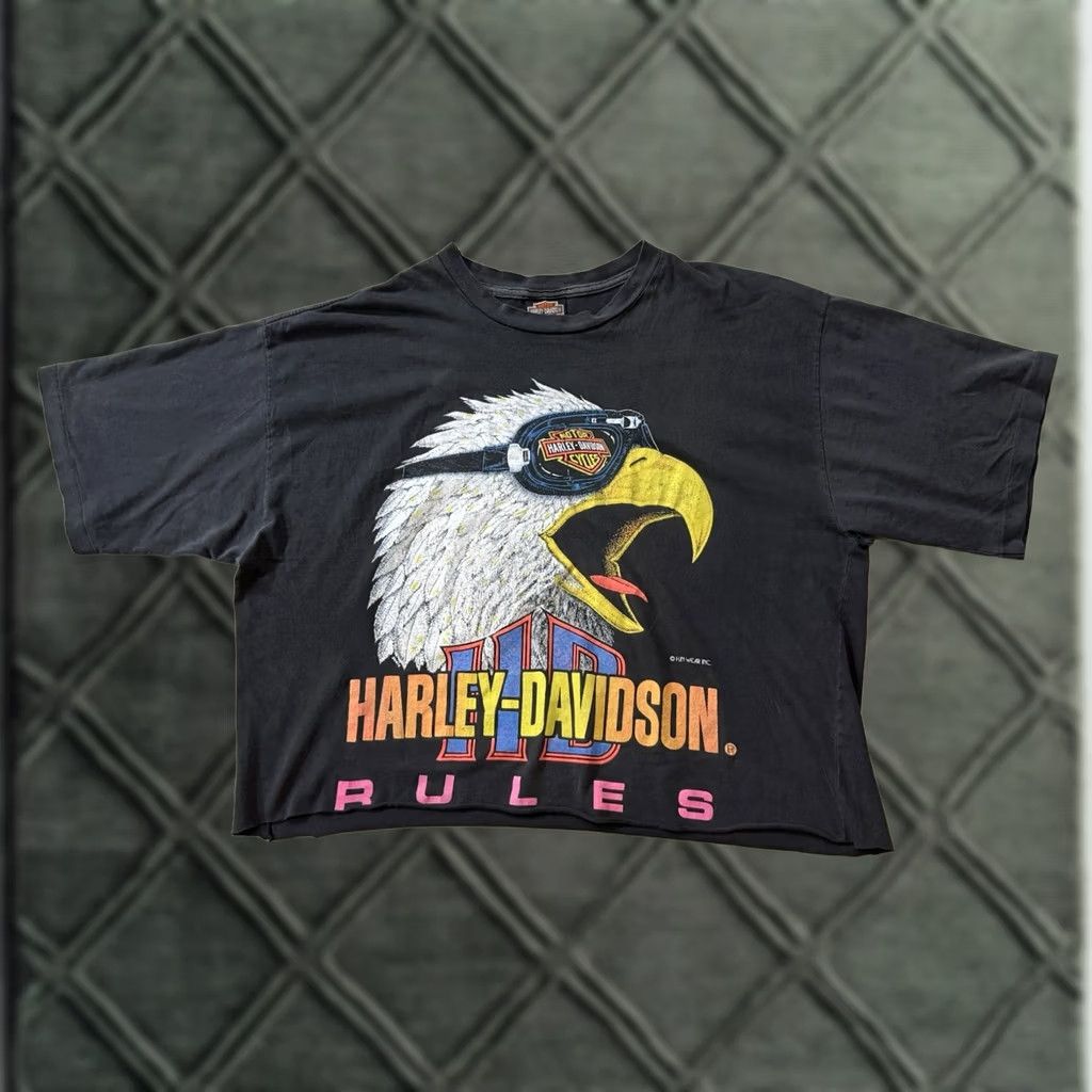 Harley Davidson VINTAGE Harley-Davidson Rules ‘Screaming Eagle’ Cropped T-Shirt 3XL Black Crew Neck Short Sleeve Graphic Print Eagle Mens Biker 90s USA Rock Size US XXL / EU 58 / 5 - 1 Thumbnail
