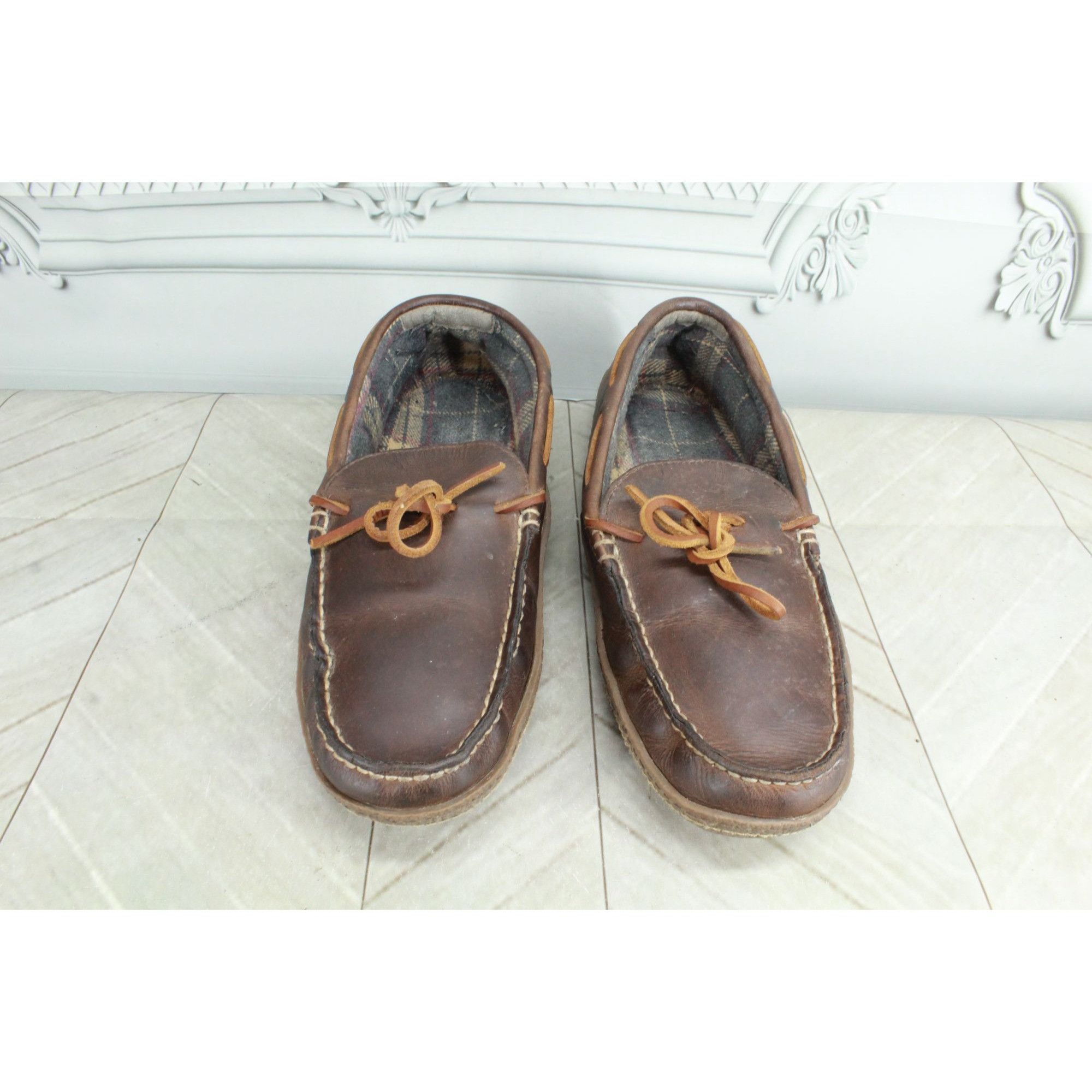 L.L. Bean LL Bean Flannel Lined Handsewn Brown Leather Slippers Size US 10 / EU 43 - 5 Thumbnail