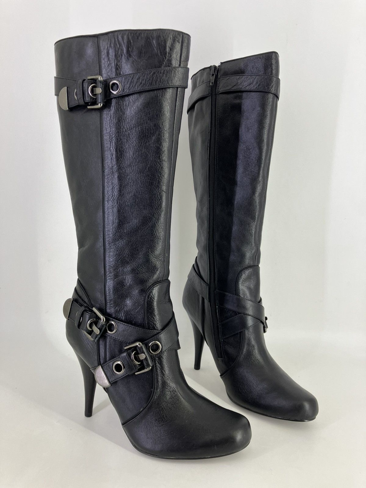 Vintage Black genuine leather 3buckles knee high boots El Dantes Y2K Size US 10 / IT 40 - 2 Thumbnail