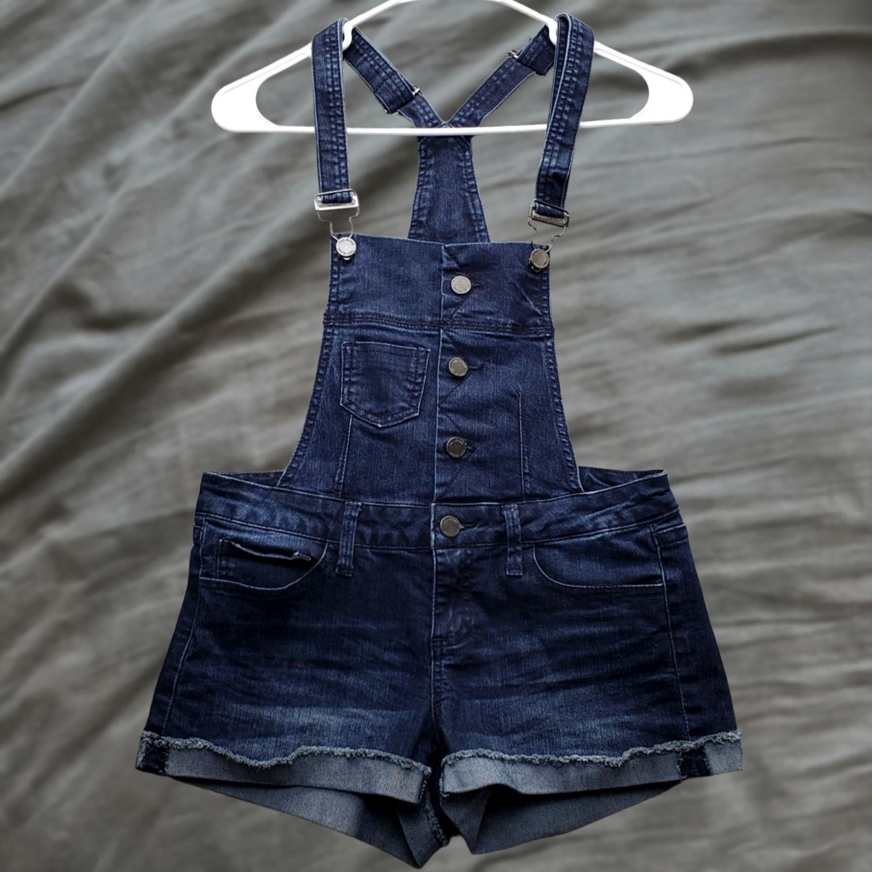 Denime YMI Shortalls Womens Size 3 Blue Denim Wide Strap Cuffed Racerback Button Front Size 26" / US 2 / IT 38 - 1 Thumbnail