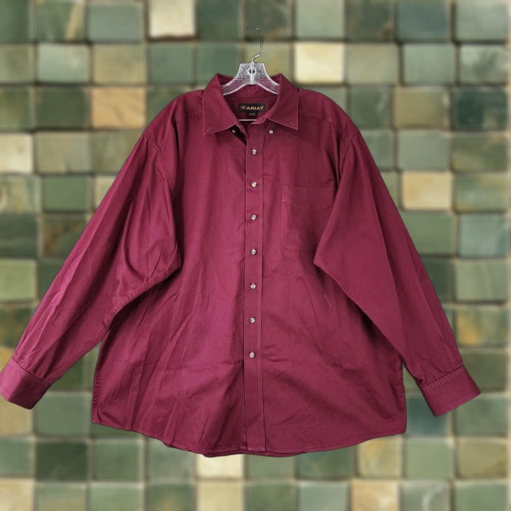 Ariat VINTAGE Ariat Shirt Mens 2XL Long Sleeve Button-Up Maroon Red Distressed Front 90s? Size US XXL / EU 58 / 5 - 1 Thumbnail
