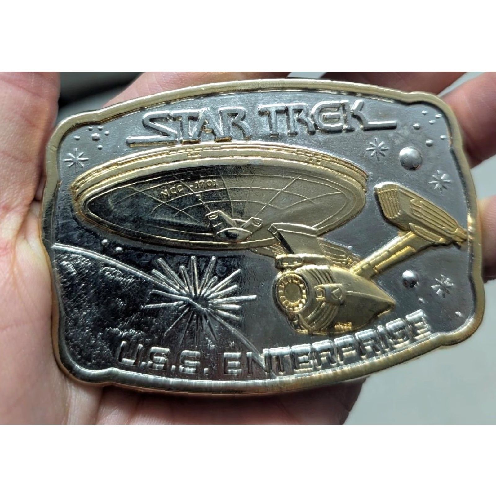 Vintage VINTAGE STAR TREK belt buckle 24KT gold USS ENTERPRISE silver WESTERN Men Belt Buckle XS? Size ONE SIZE - 3 Thumbnail