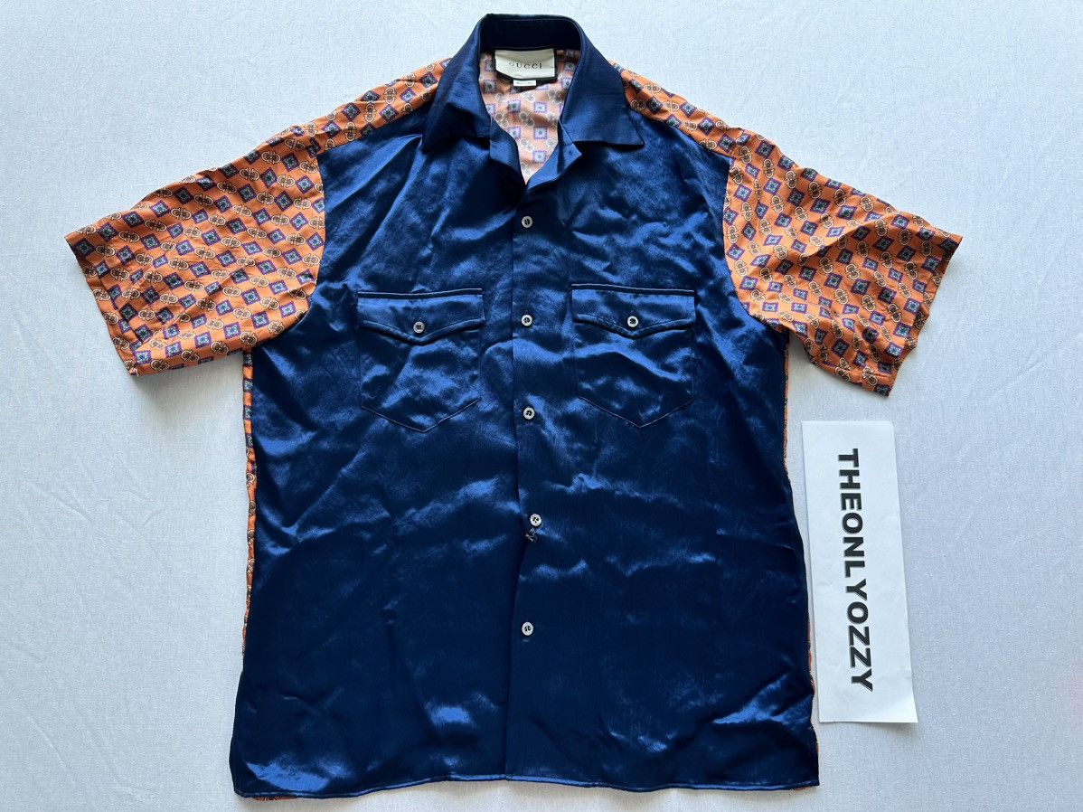 image of Gucci Acetate Blue Multi Bowling Button Up Shirt Size 46, Men's