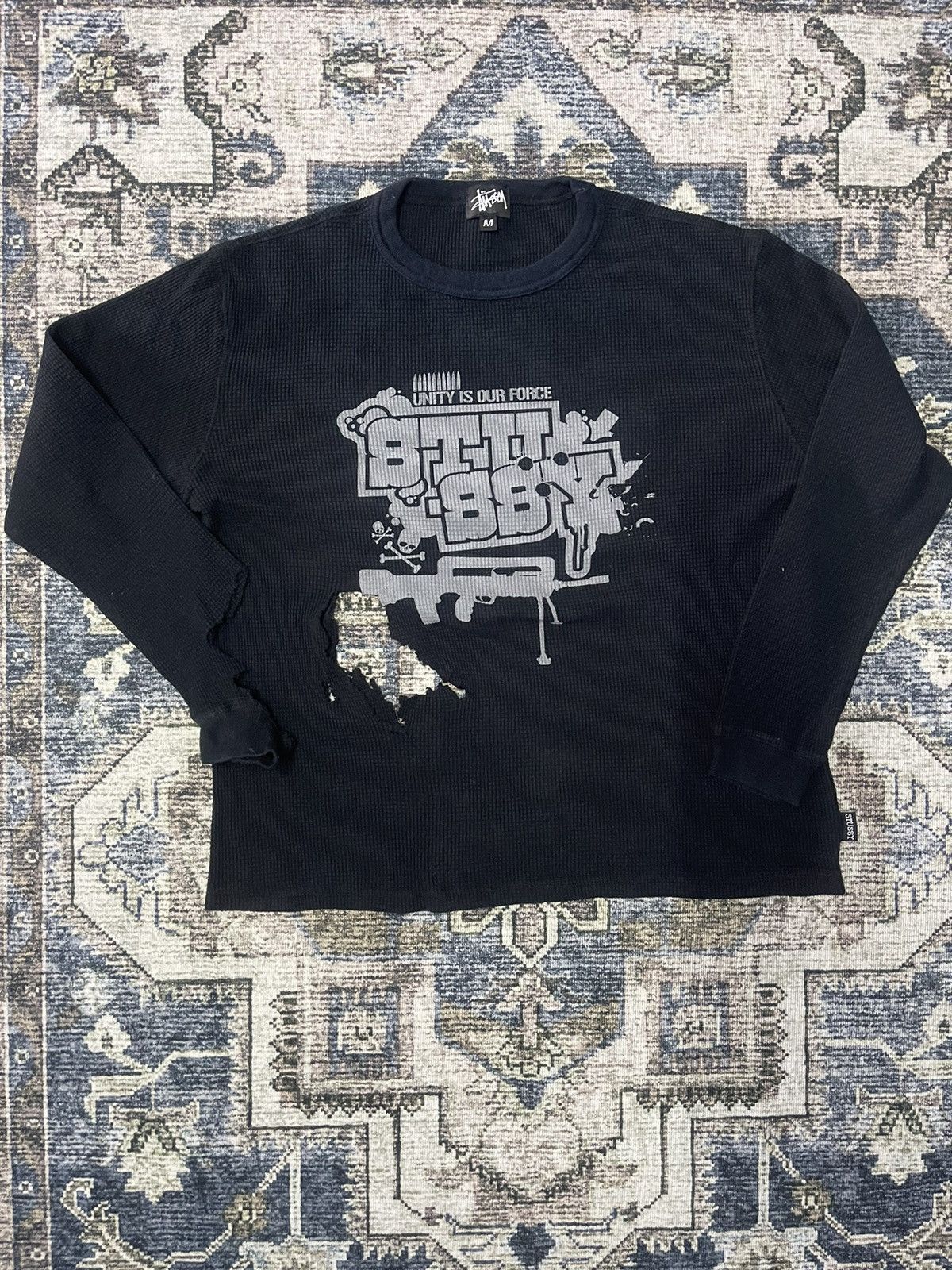 Stussy × Vintage VTG DISTRESSED STUSSY WAFER THERMAL KNIT UNITY IS OUR FORCE Size US M / EU 48-50 / 2 - 1 Thumbnail