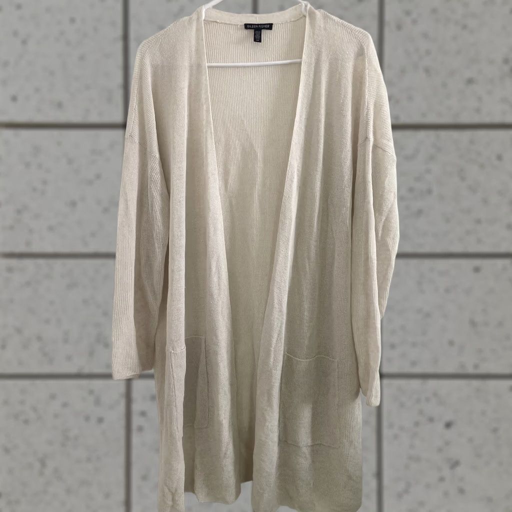 Eileen Fisher Eileen Fisher Cardigan Shirt Womens Small Open Front Italian Yarn Knit Ivory White Long Sleeve Knit Open Front Open Knit Boho Size S / US 4 / IT 40 - 1 Thumbnail