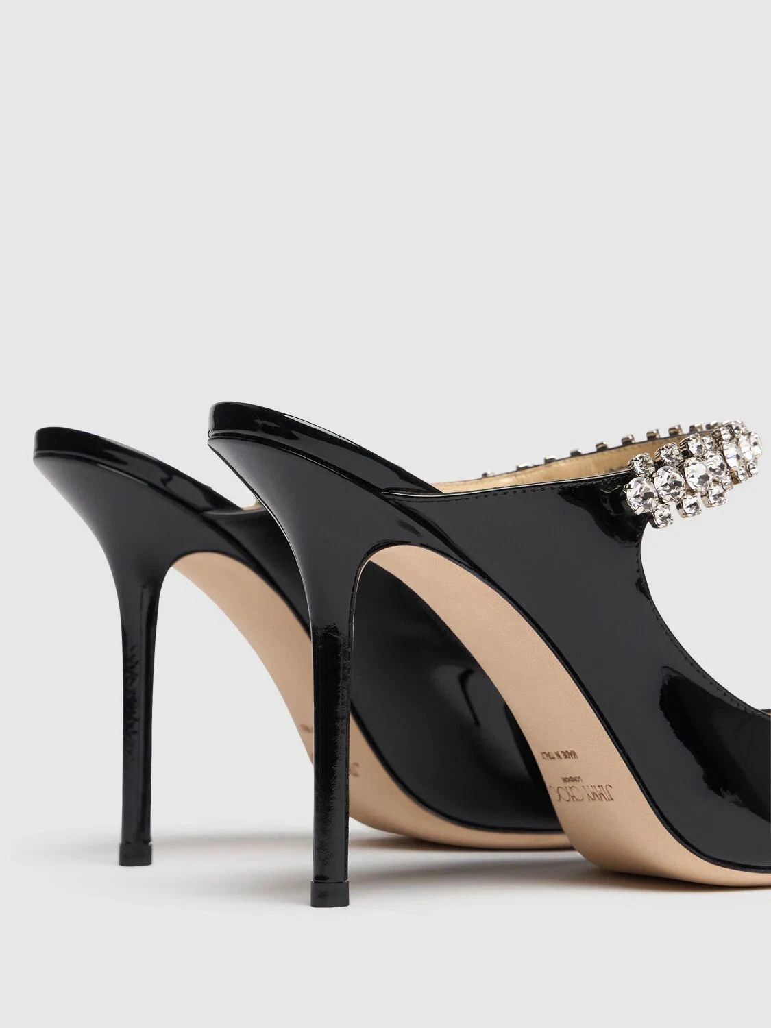 JIMMY CHOO Bing 100 Black Patent Crystal Strap Mules