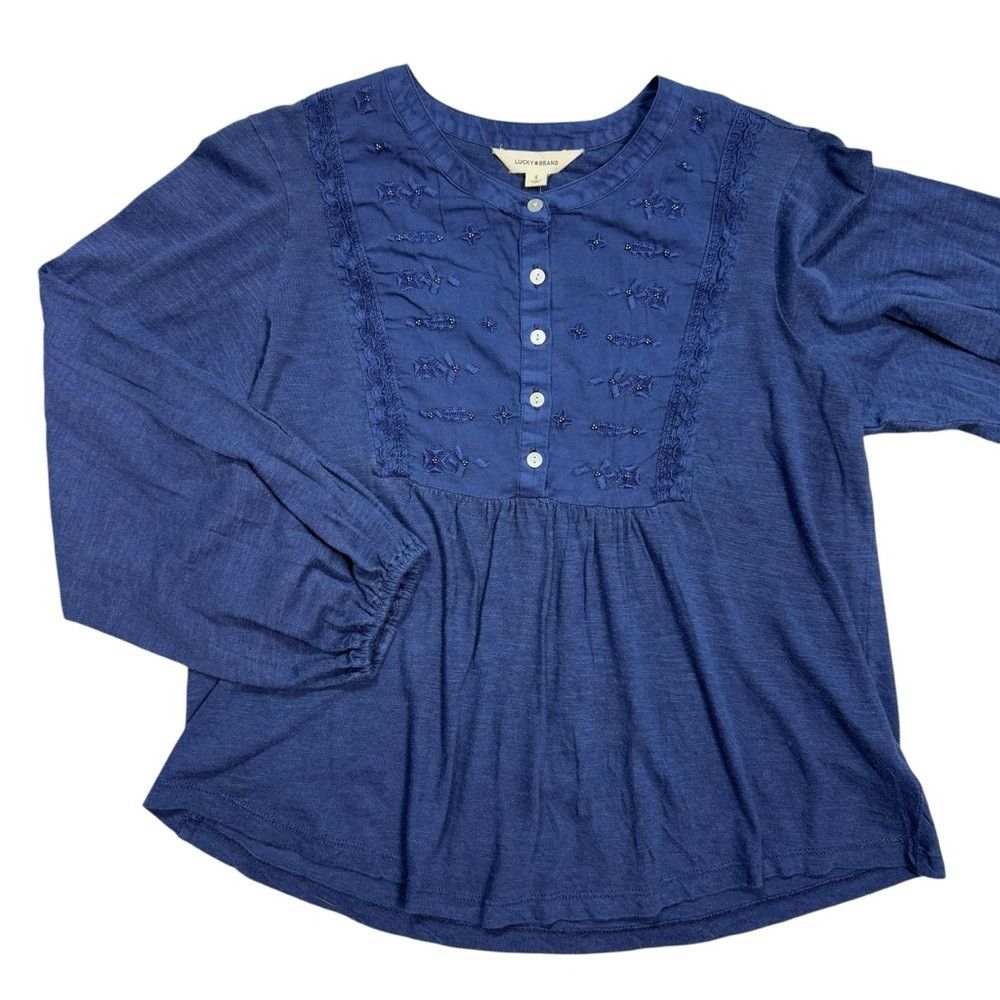 Lucky Brand NWT New Lucky Brand Embroidered Crochet Trim Blue Top Size Size S / US 4 / IT 40 - 5 Thumbnail