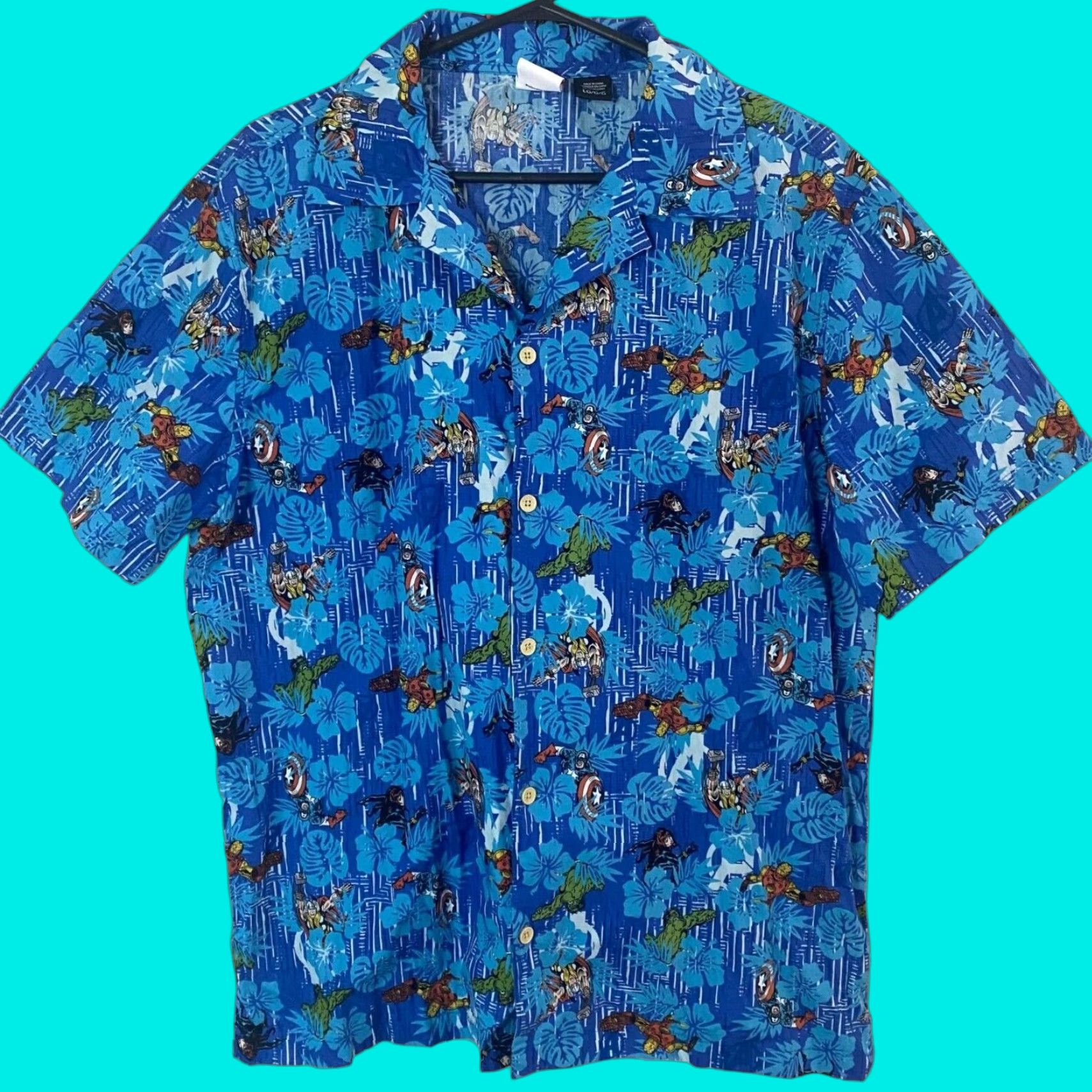 Vintage Marvel Avengers Tropical Hawaiian Shirt Blue Men’s Large Short-Sleeve Button-Up Size US L / EU 52-54 / 3 - 1 Thumbnail