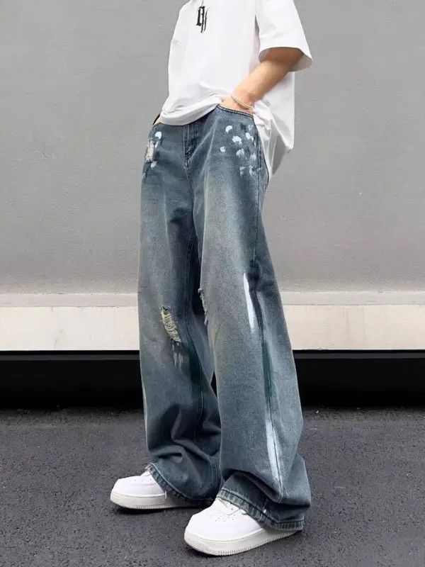 Japanese Brand VIBE Washed and ripped baggy jeans Size US 34 / EU 50 - 5 Thumbnail