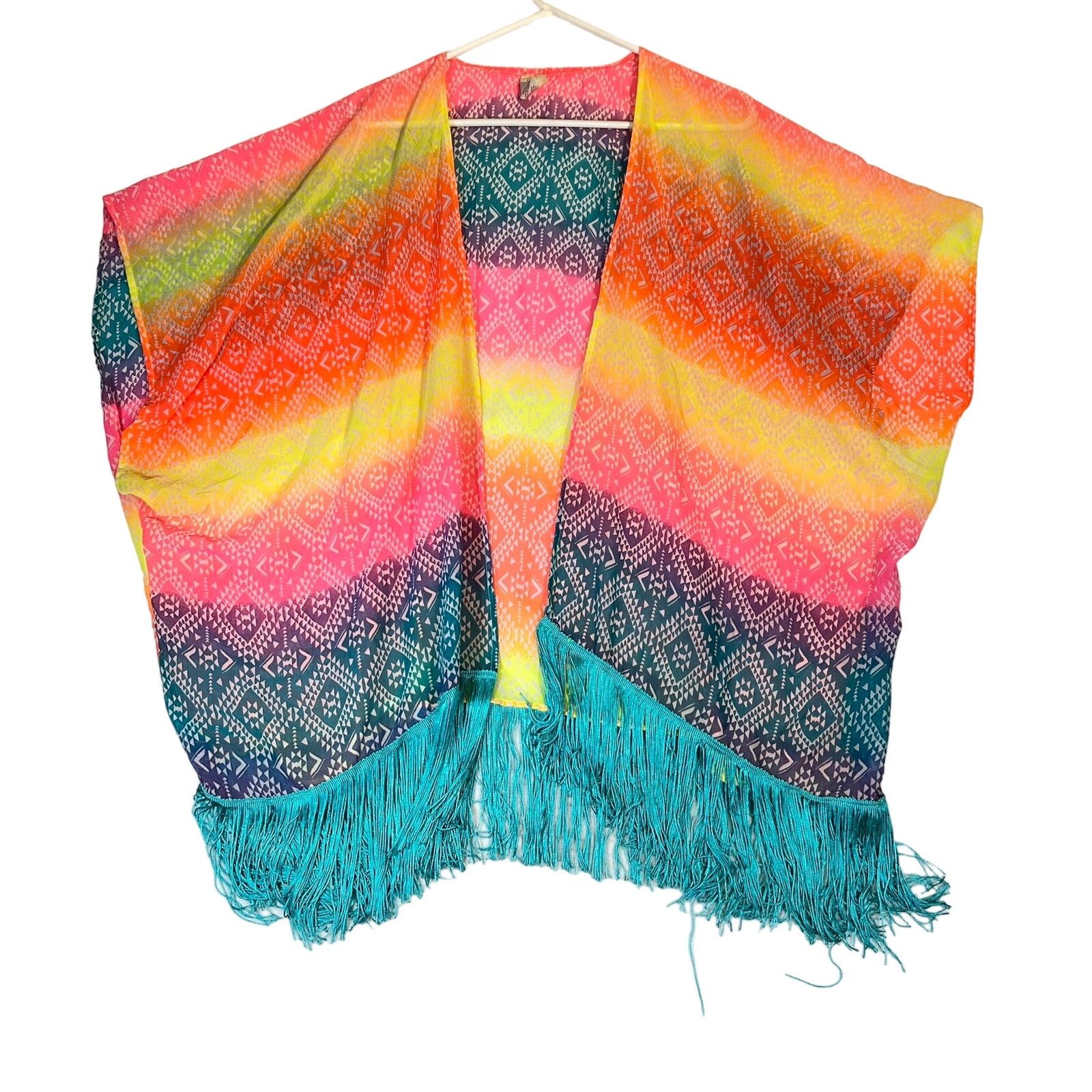 Ocean Pacific OP Beach Cover-Up L 11-13 Boho Florescent Hues Fringed Hem Size L / US 10 / IT 46 - 1 Thumbnail