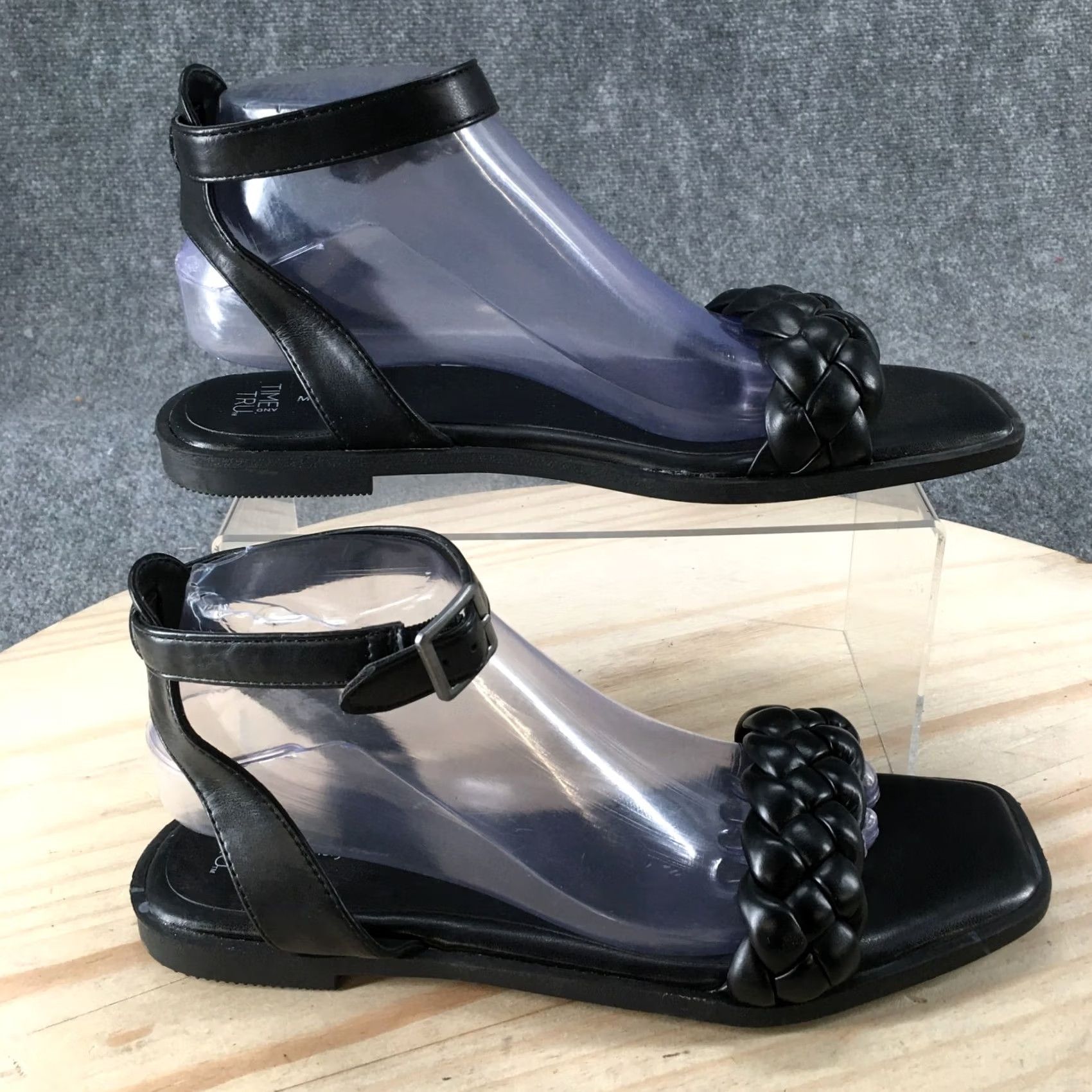 Vintage Time And Tru Sandals Womens 9 Braided Ankle Strap Flats Black Faux Leather Size US 9 / IT 39 - 2 Thumbnail