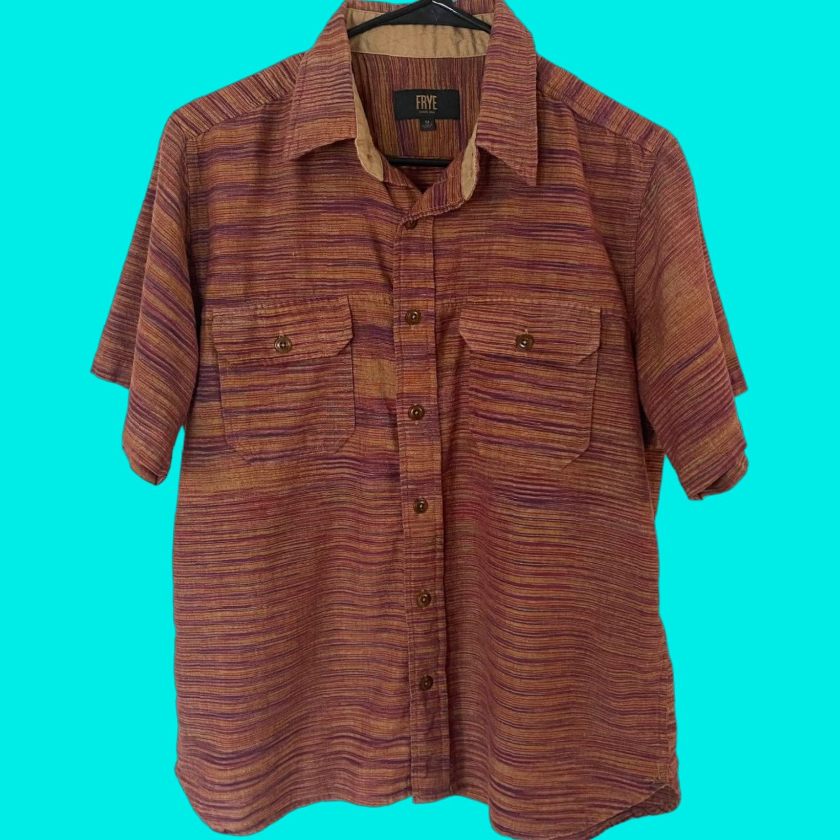Frye Frye Button-Up Shirt Mens Medium Burnt Orange Stripe Short Sleeve Pockets Size US M / EU 48-50 / 2 - 1 Thumbnail