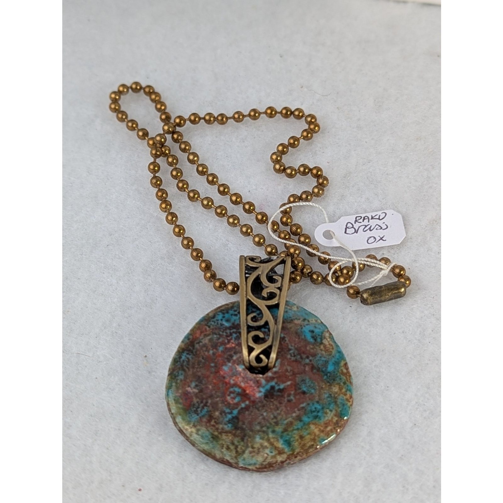 Designer Raku donut pendant+17 ball chain handmade artisan brass Size ONE SIZE - 3 Thumbnail