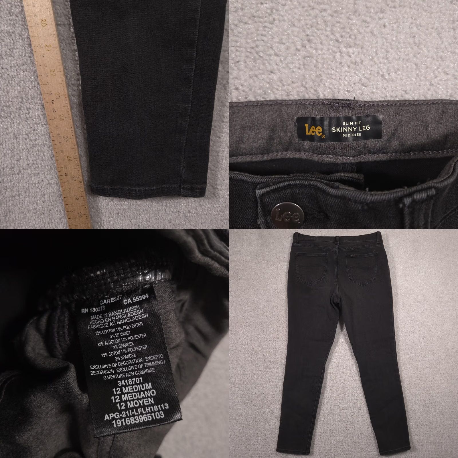 Lee Lee Jeans Womens 12 Gray Charcoal Wash Slim Fit Mid Rise Skinny Leg Stretch Size 34" / US 12 / IT 48 - 8 Thumbnail