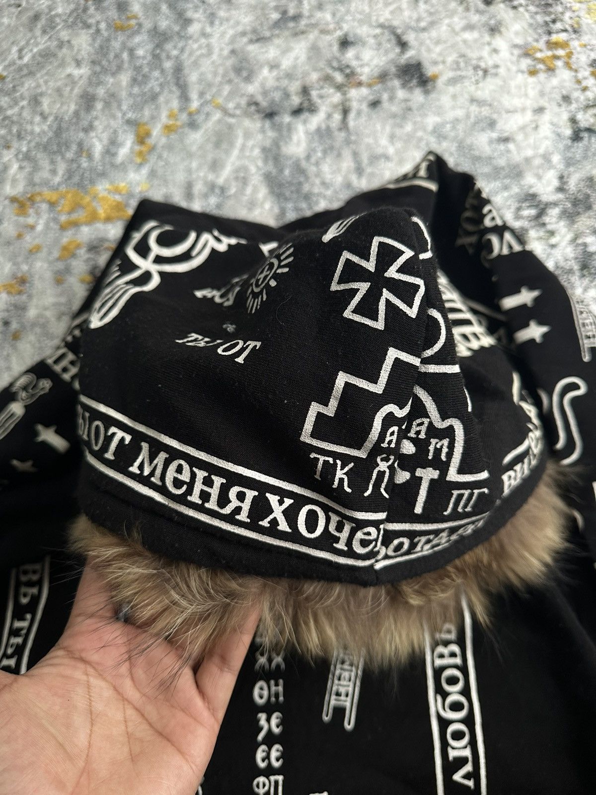Japanese Brand × Vintage UNKNOWN BRAND DISTRESSED FUR HOODIE ANCIENT SYMBOL LGB STYLE Size US M / EU 48-50 / 2 - 7 Thumbnail