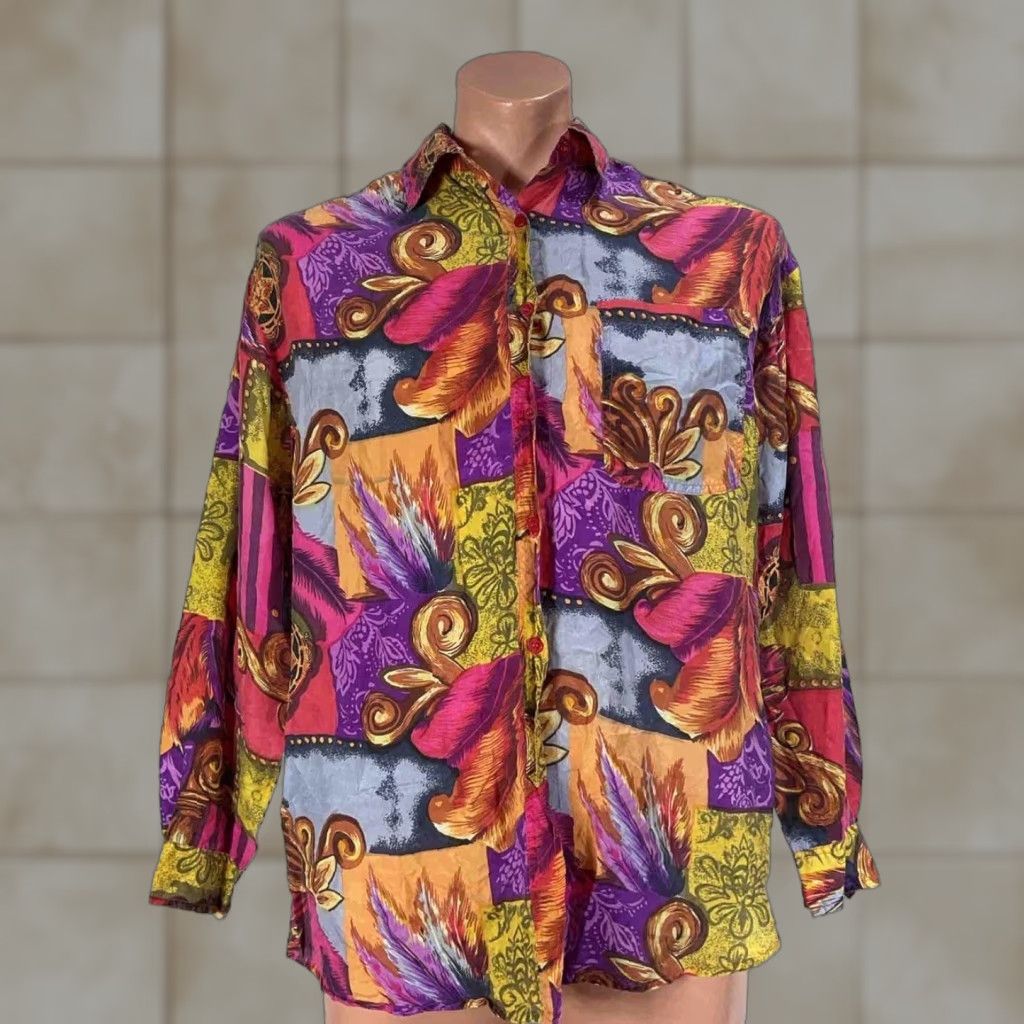 VINTAGE Details Express 80s Silk Shirt Shirt Multi-Color Button-Front Long Sleeve Art Deco Casual Mens M