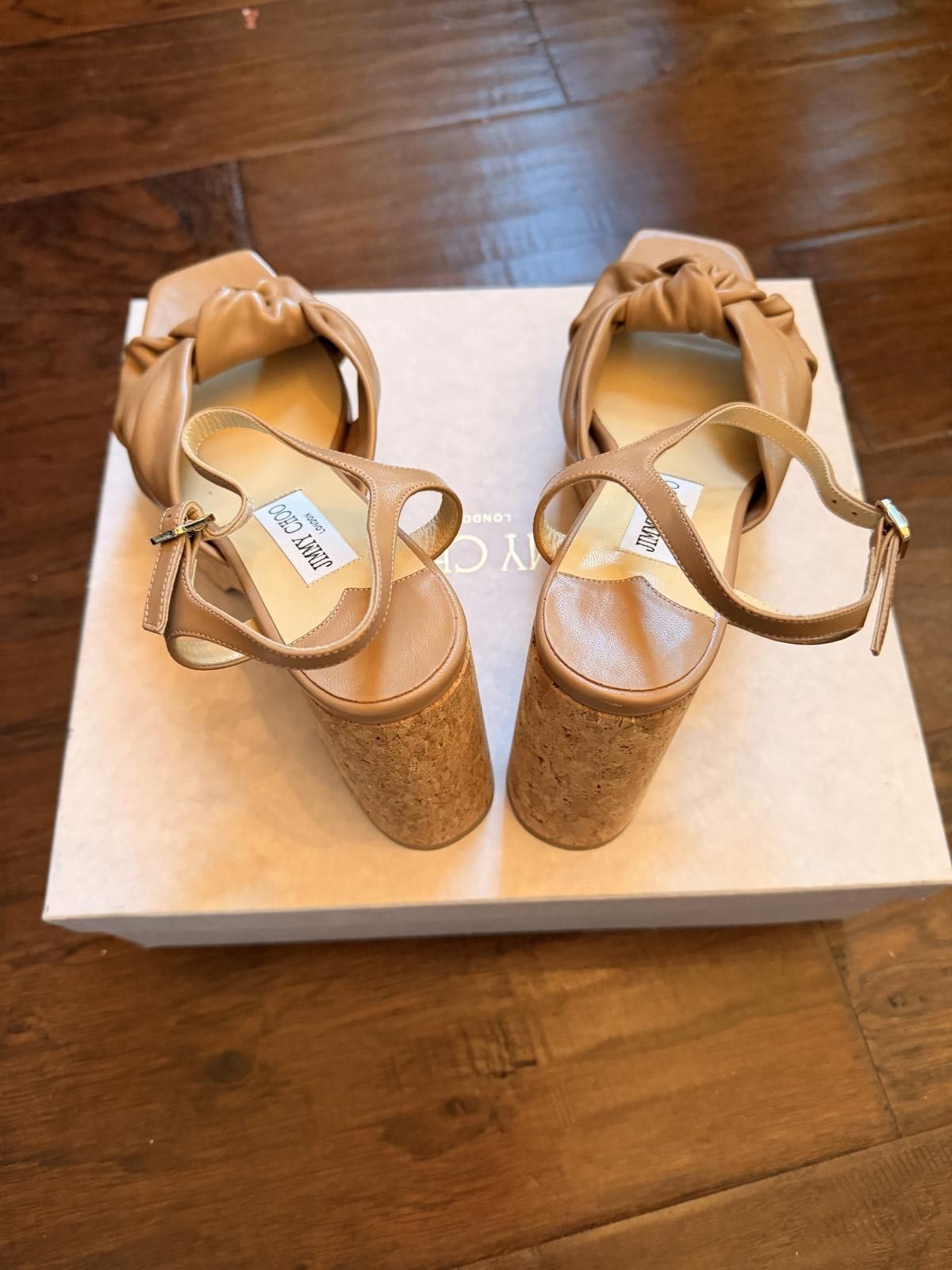 Jimmy Choo Jimmy Choo Beige Leather Platform Sandals with Cork Heel Size US 7 / IT 37 - 4 Thumbnail