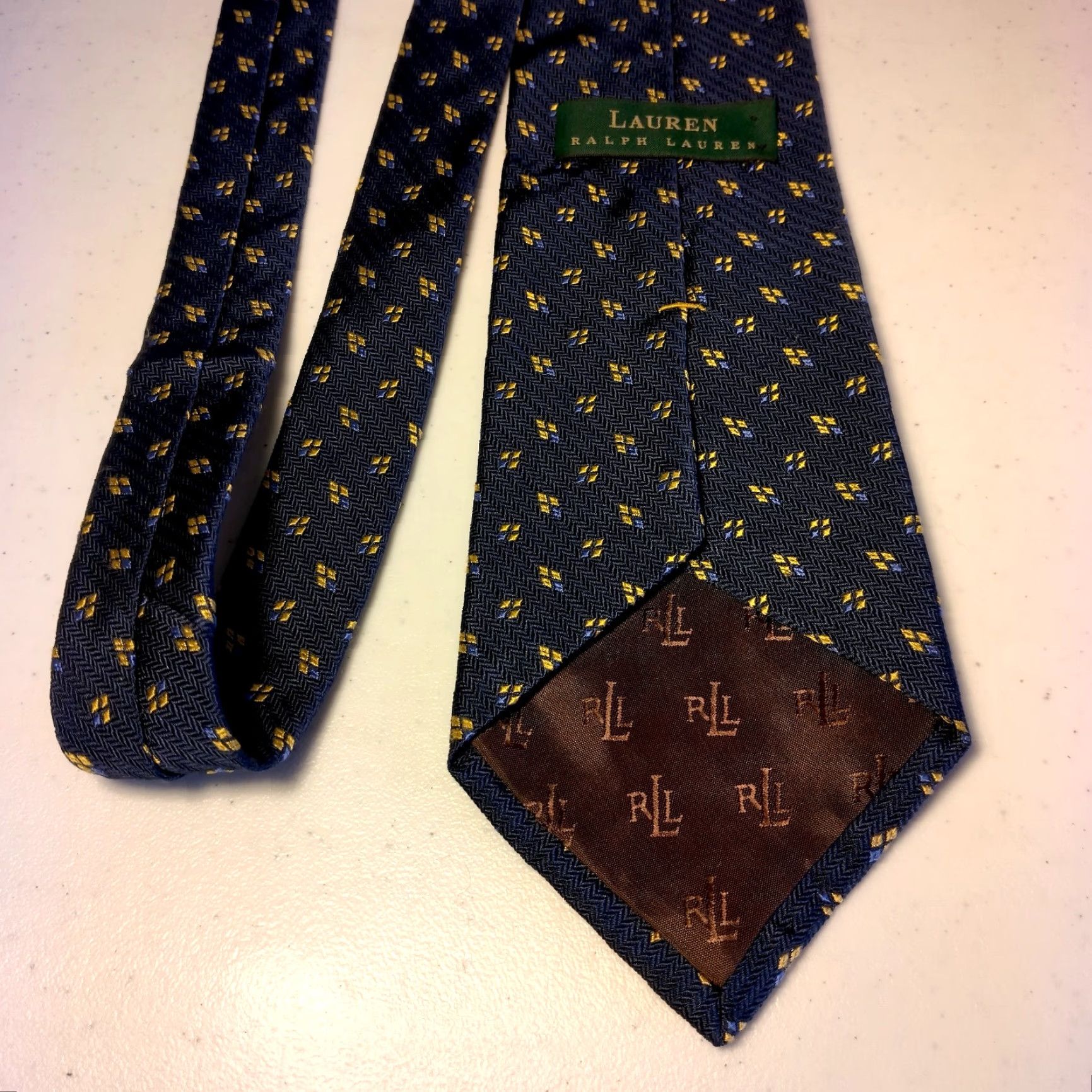 Ralph Lauren VINTAGE Lauren Ralph Lauren Tie Geometric Silk USA Made 57.5" Blue Yellow Diamond Pattern Men's Necktie Size ONE SIZE - 7 Thumbnail