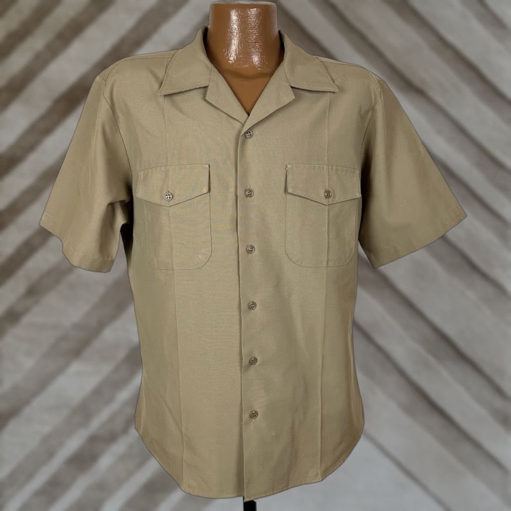 Vintage US Navy Flying Cross Shirt Men Large Khaki Wool Blend Short Sleeve Union Made Size US L / EU 52-54 / 3 - 1 Thumbnail